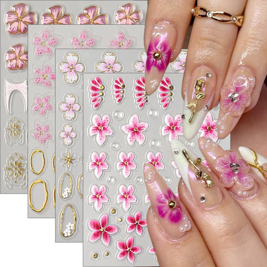 Flower Nail Stickers 5D Embossed Cherry Blossom Nail Decals Pink Floral Gold Star French Nails Art Stickers Cute Nails Supplies Spring Flower Manicure Decoration Accessories Charms for Women Girl 4Pcs