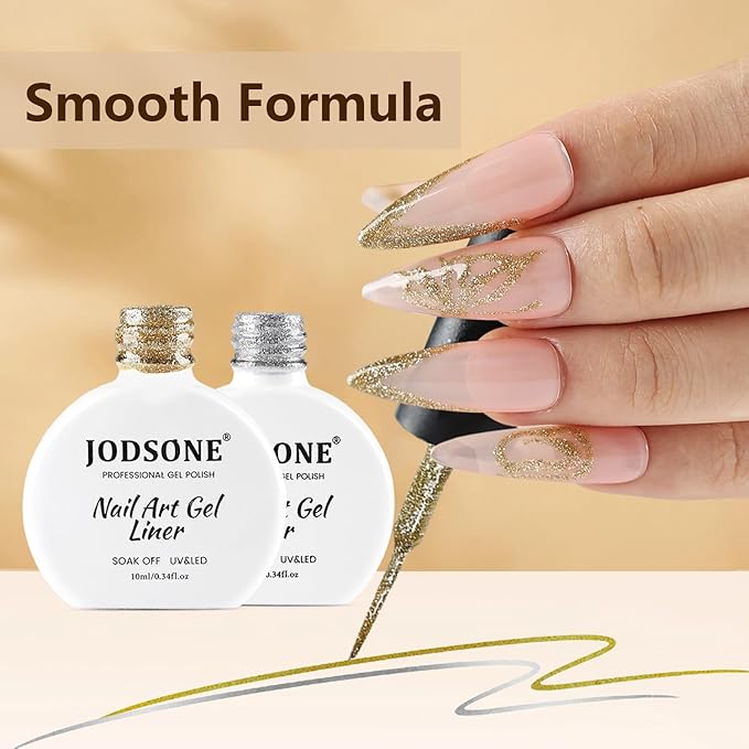 JODSONE 10ml Nail Art Gel Liner Glitter Gold Sliver Gel Nail polish Need U V Lamp Cured with Thin Brush at Home DIY Gift for Girls