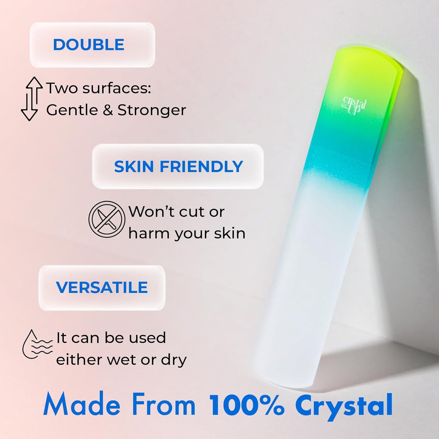 Starter Crystal Care Set - 3PC Includes Glass Foot Scraper, Medium Crystal File, and Cuticle Stick for Natural Nails, Glass File Kit