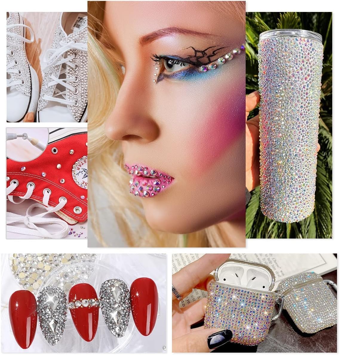 2550pcs Crystal AB Nail Art Flatback Rhinestones Charms for Face Makeup, White AB Nail Gems Gemstones K9 Glass SS4SS20 6 Sizes Bling AB Iridescent Diamonds Stones Jewels for DIY Crafts