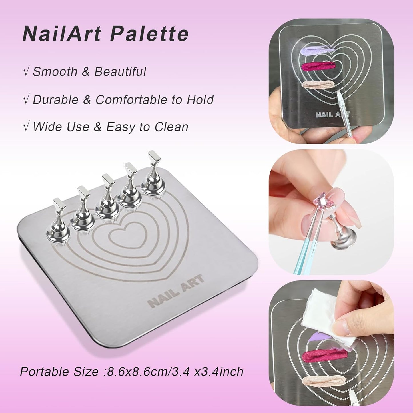 Nail Stand Brush Set, Magnetic Stands with Metal Base Art Palette, Reusable Nail Tips Display Practice Acrylic Holder with 200pcs Sticky Tabs and Tools for Home DIY Salon Supplies-Sliver