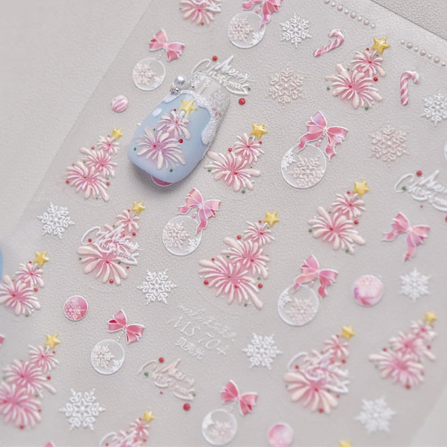 1 Sheets Pink Fireworks Christmas Tree Nail Art Stickers 5D Embossed Christmas Bow Nail Stickers Pink Glitter Snowball Tree Nail Decals Acrylic Nail Supplies for Women Girls DIY Nail Decoration