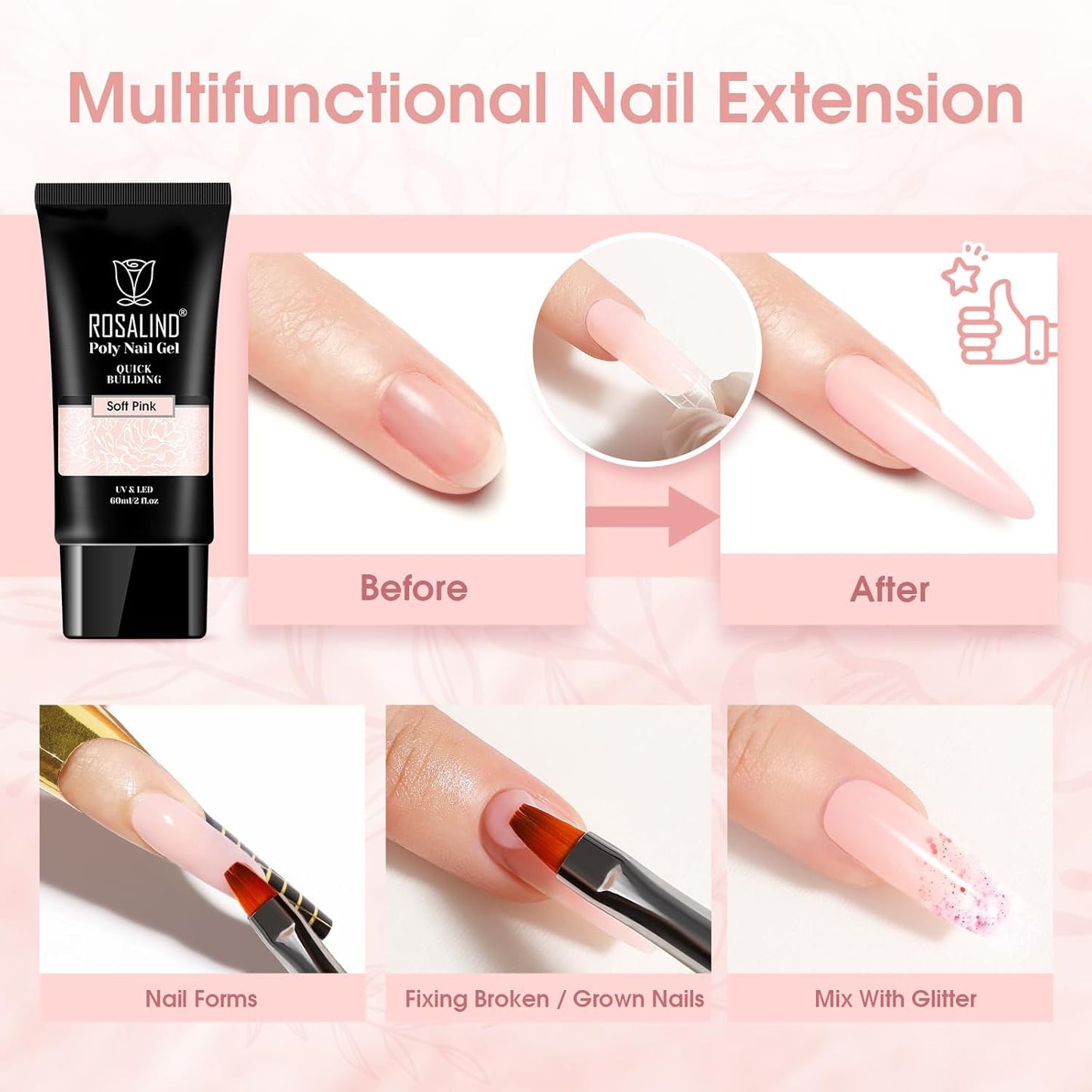 ROSALIND Soft Pink Poly Nail Gel, 2 oz Poly Extension Gel for Nail Art Decoration, Nail Thickening Extension Easy to DIY, Pink Nail Enhancement Need UV Lamp(Update Version