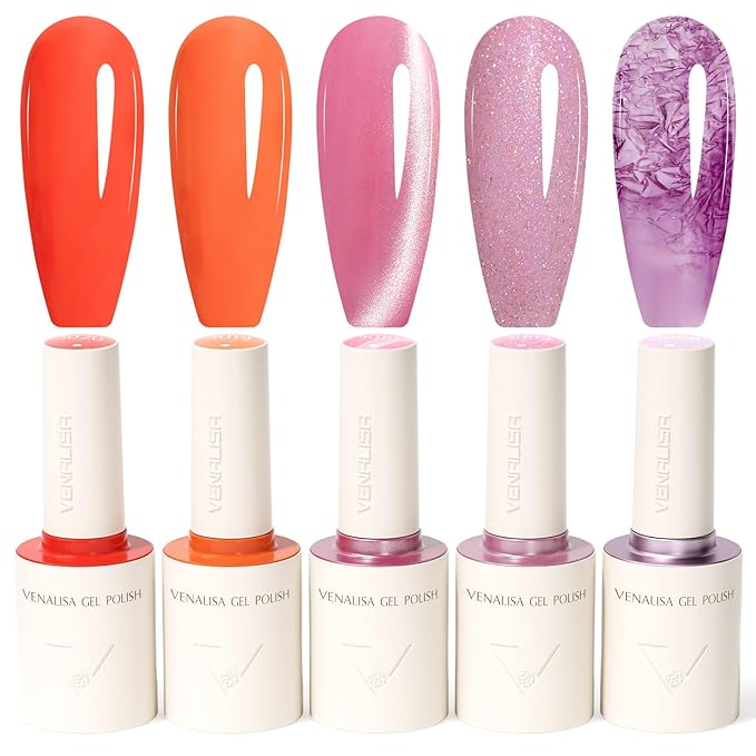 VENALISA 10 ML Orange Pink Gel Nail Polish Set with DIY Nail tips Kit, 5 Pcs Glitter Gel Polish Color High Gloss Soak Off U V Nail Manicure Salon DIY
