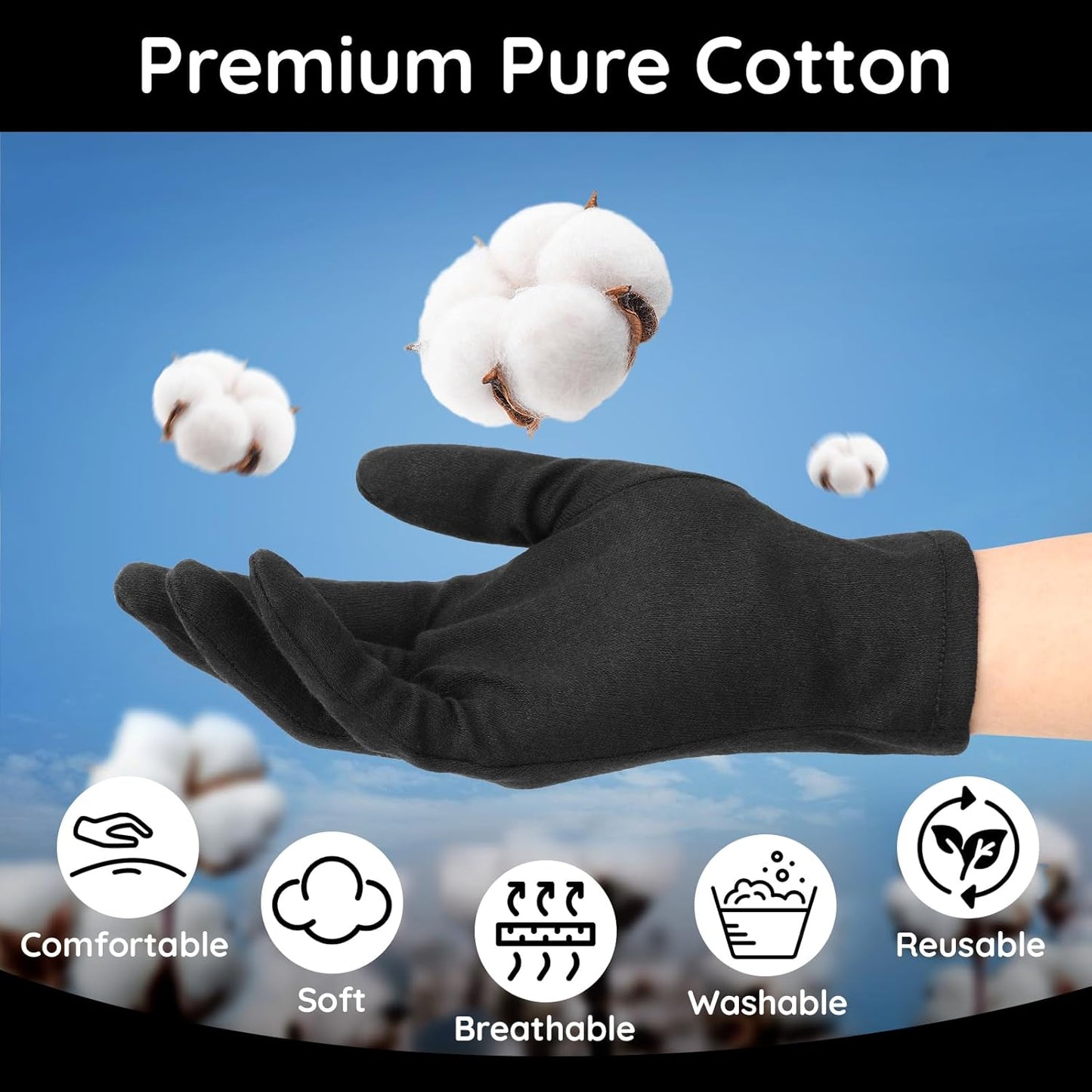 Segbeauty 24 Counts Black Cracked Hand Moisturizing Cotton Gloves for Dry Hands Overnight, 12 Pair Lotion Sleep Cotton Gloves, At Home Spa Sleeping Glove Liners Driving Inspection Work Glove Men Large