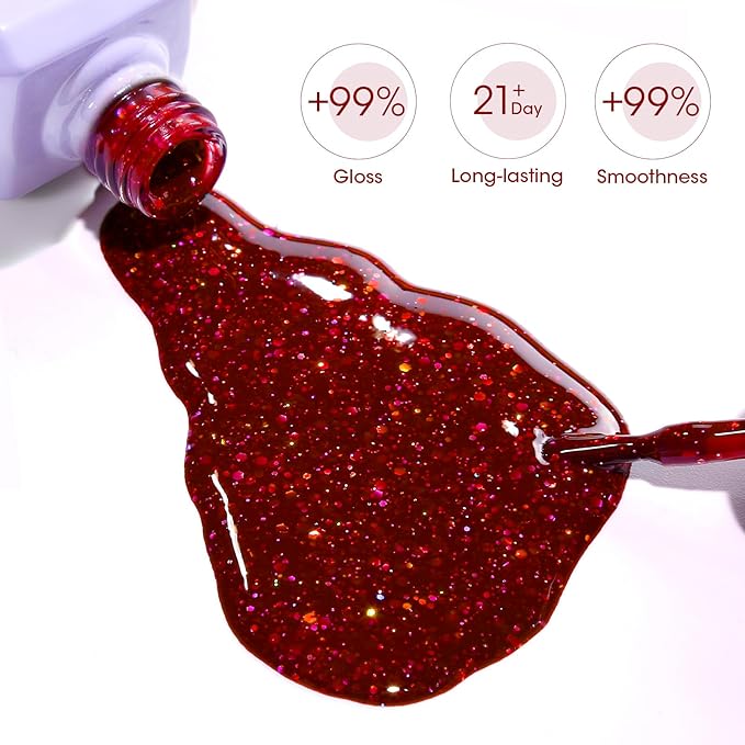 Gellen Red Glitter Gel Polish, 18ml Cherry Red Gel Nail Polish for Salon DIY, Soak off U V LED Cured Art Nail Polish, Color No.376