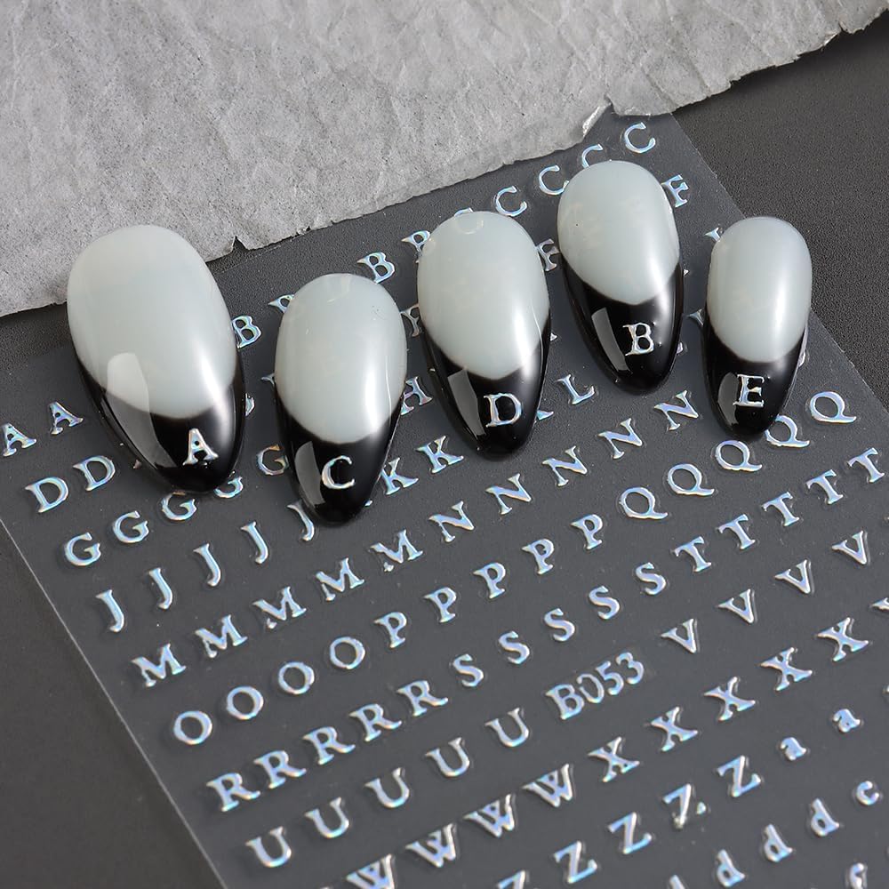 Letters Nail Art Stickers English Alphabet Nail Decals, 4 Sheets 3D Self-Adhesive Metallic Gold Silver Laser Rose Gold Alphabet Design Nail Art Supplies Manicure Decoration for Women Girls