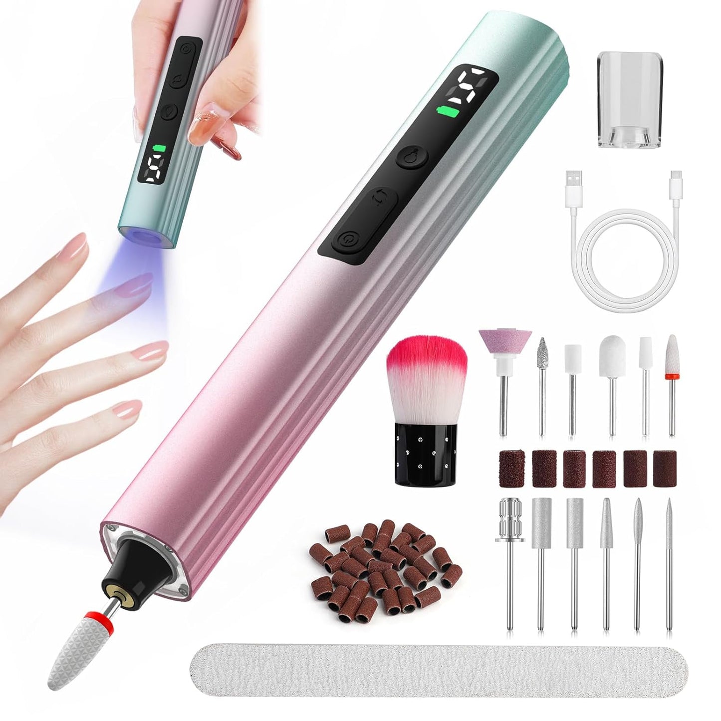 Cordless Electric Nail Drill with UV Light Lamp, 14 in 1 Electric Nail File Drill, 5 Speed LCD Display Rechargeable Professional Manicure Pedicure Kit(Gold) (Pink Blue)