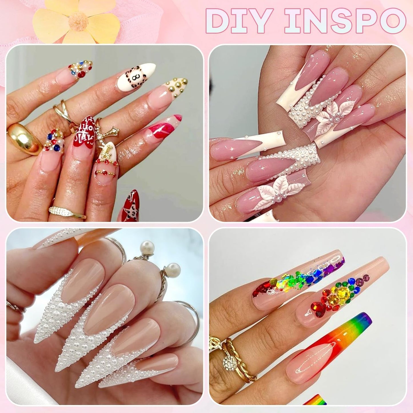 8000Pcs Nail Pearls and Colorful Rhinestones for Nail Art with Rhinestone Glue, White Pearl Nail Charms(Flatback+Round), Nail Gems and Rhinestones Crystals Charms Bedazzling Gems for Manicure Decor
