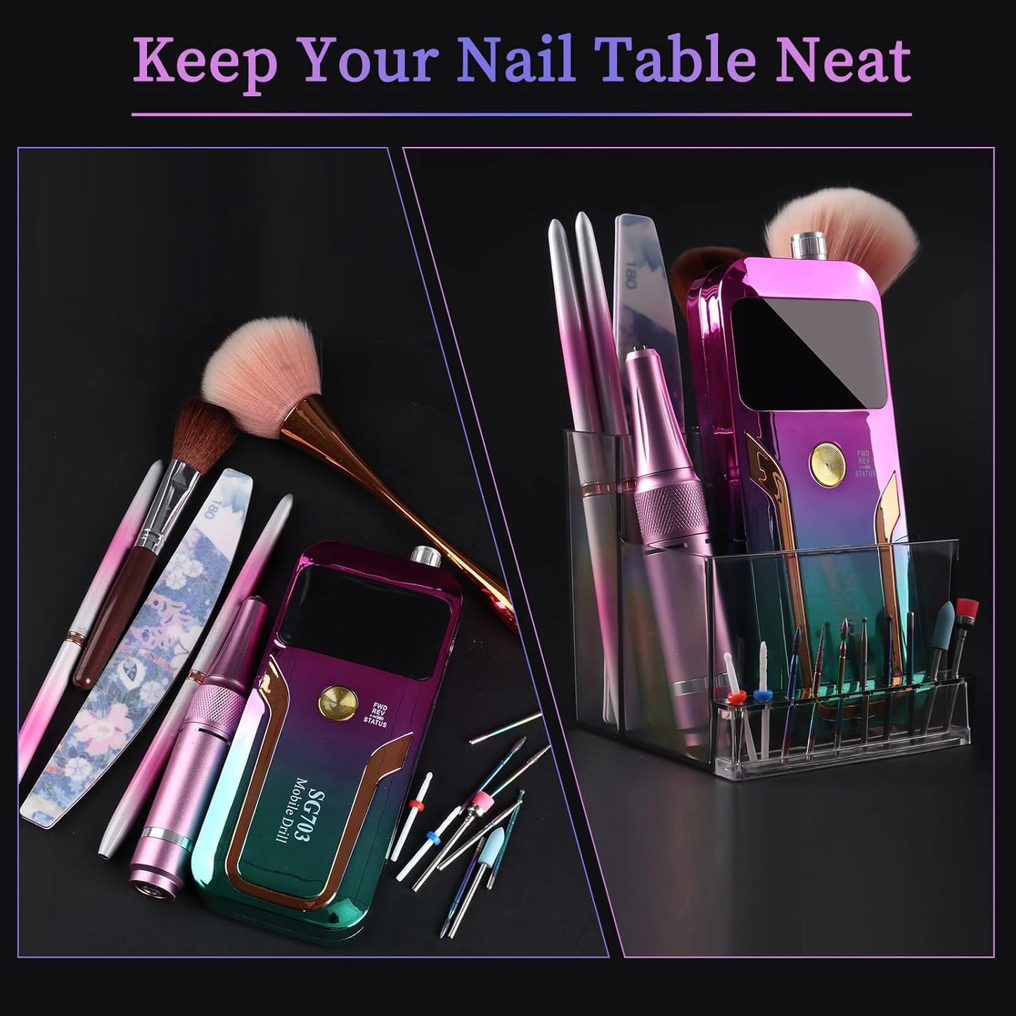 ANGNYA Nail Drill Holder Grinding Bit Storage Box, 10 Holes Transparent Nail Drill Bit Holder Plastic Nail Drill Tool Organizer Manicure Tools Display Box for Nail Tech Supplies