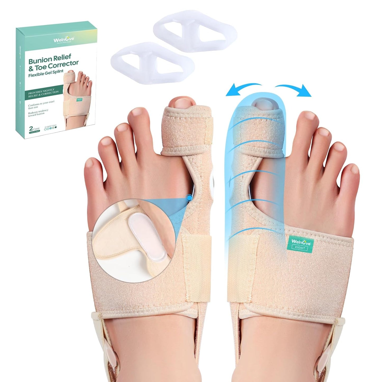 Welnove Bunion Corrector - Orthopedic Bunion Splint - Big Toe Separator Pain Relief - Bunion Correction Toe Straightener with Non-slip Strap, Day Night Support (Beige, 2 Count) - With 2 Gel Separators