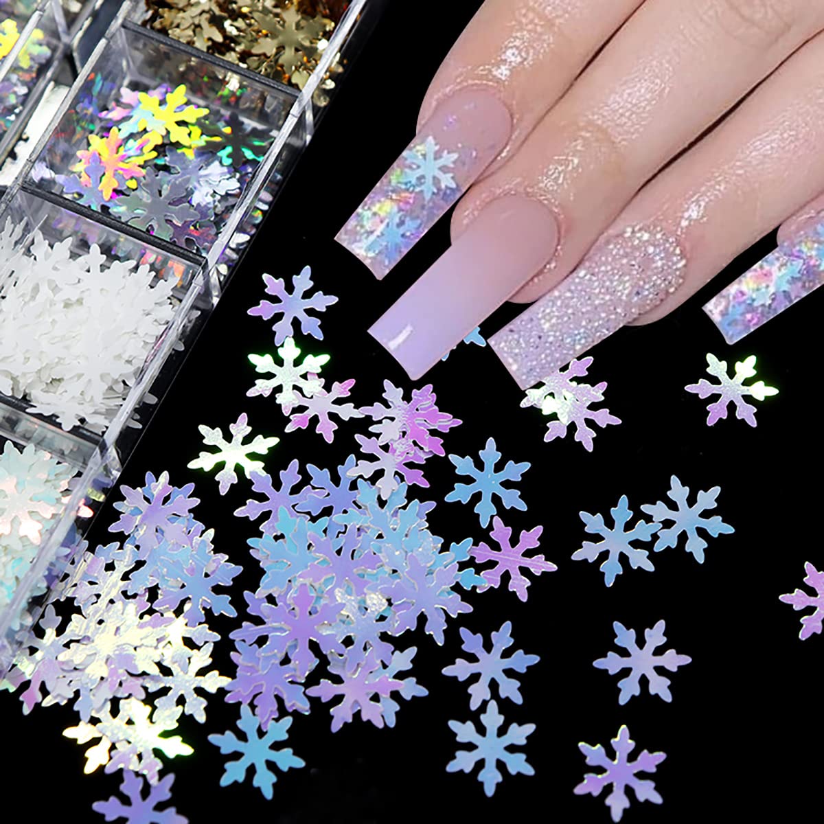 12 Grids 3D Laser Snowflake Nail Decals - Holographic Sequins, White Snow Glitter Shapes - Christmas & Winter Nail Art Stickers