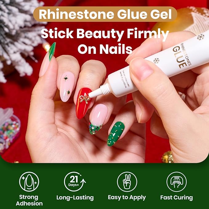 Beetles Christmas Rhinestones Glue Kit - 15ml Nail Rhinestone Glue and 3D Sculpting Gel with Christmas Diamond Jewelry & Bonus Tweezers for Nail Art DIY Gifts