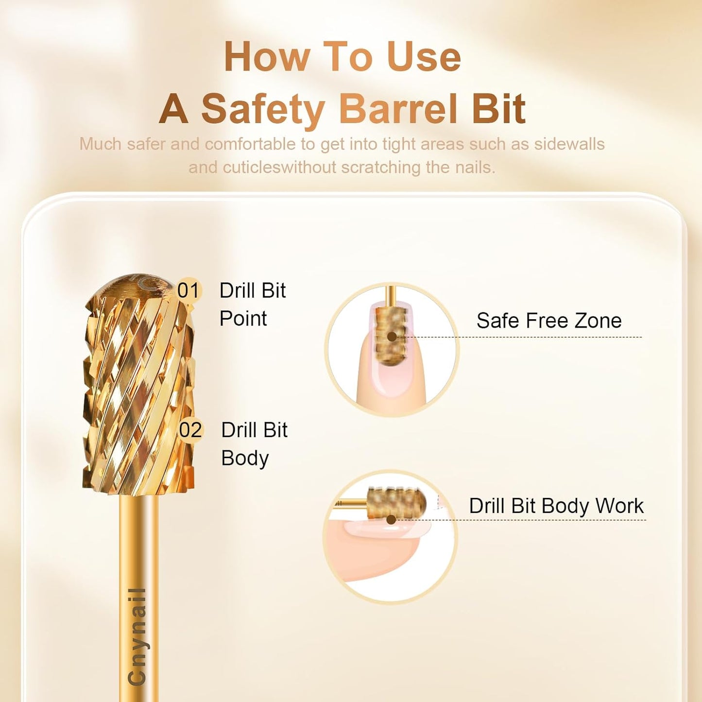 3/32" Large Barrel Smooth Round Top Tungsten Carbide Nail Drill Bit Safety Bit for Gel & Acrylic Removal, 2-Way Rotating Efile Tip, Salon Electric File Accessory (3XC Grit, Gold)