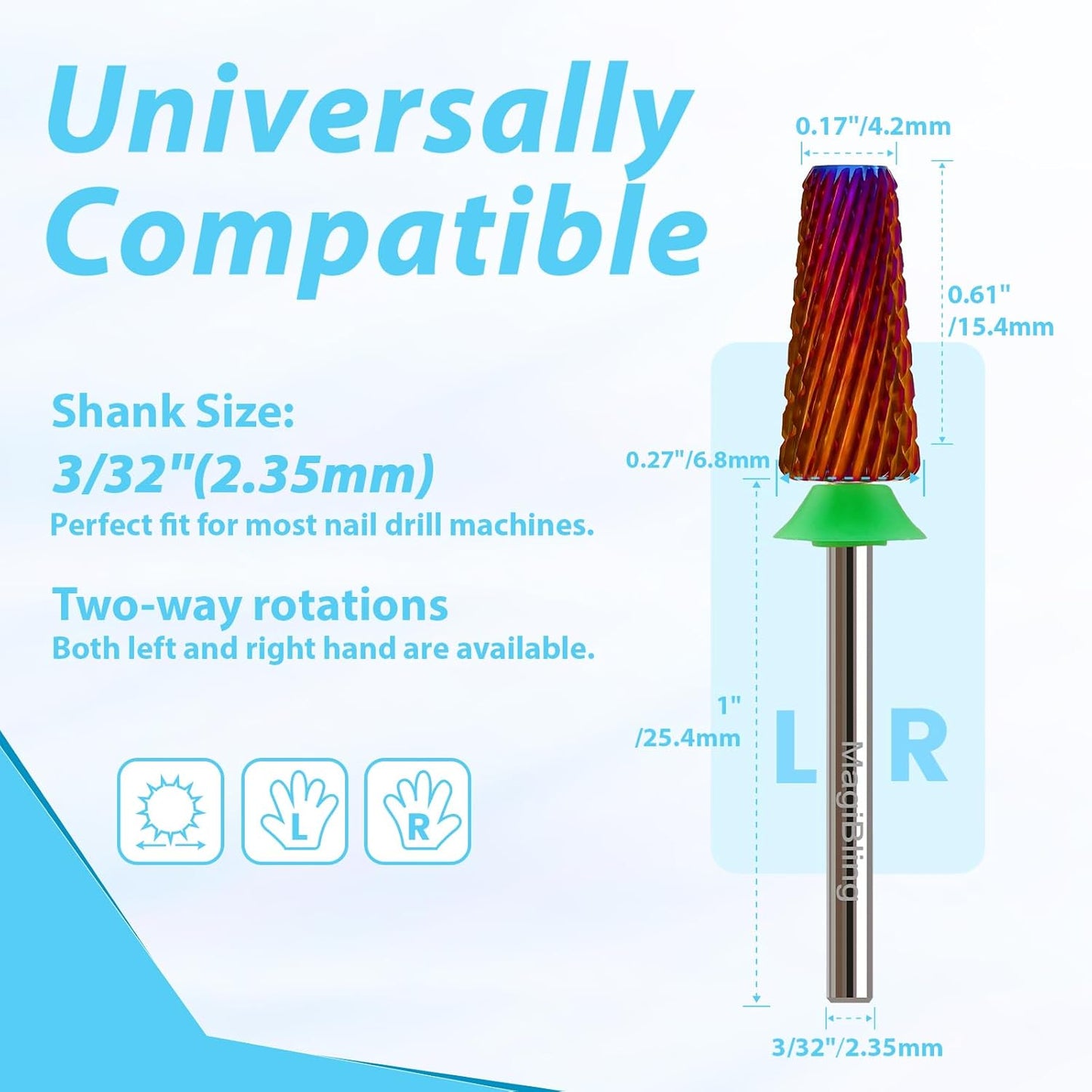Professional Nail Drill Bits for New Artists, Cross Cut 3/32'' Safety Tungsten Carbide Tapered Bit, Remove Gel Fast, Left & Right Hand Use, Manicure Cuticle Soft Hard Gel Polishing, Coarse.