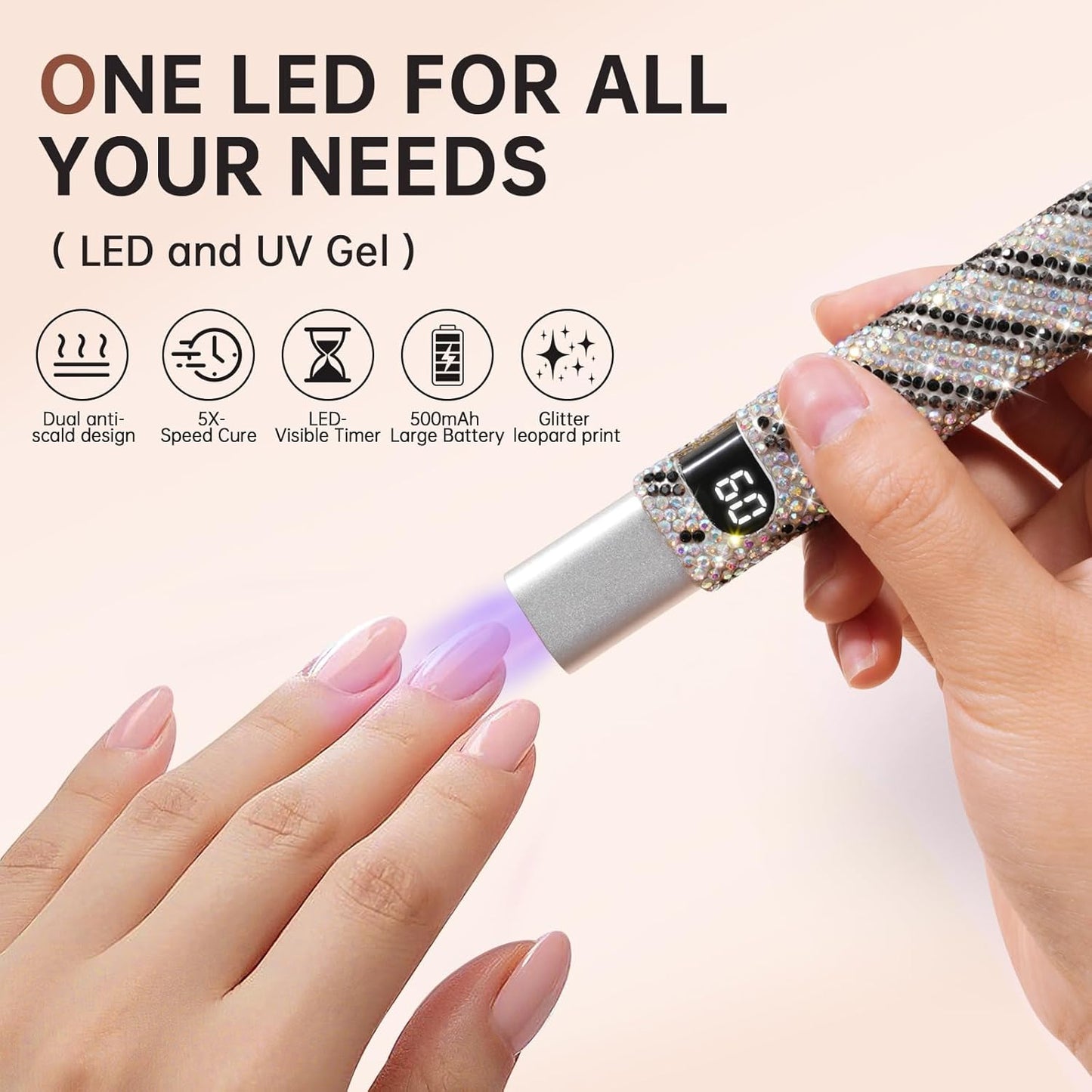 Handheld UV Light for Gel Nails,Mini LED Cordless Nail Lamp for Gel Nail Polish,Portable Flash Cure Lamp,Rechargeable USB Nail Dryer with LCD Display Fast Curing (Zebra Diamond)