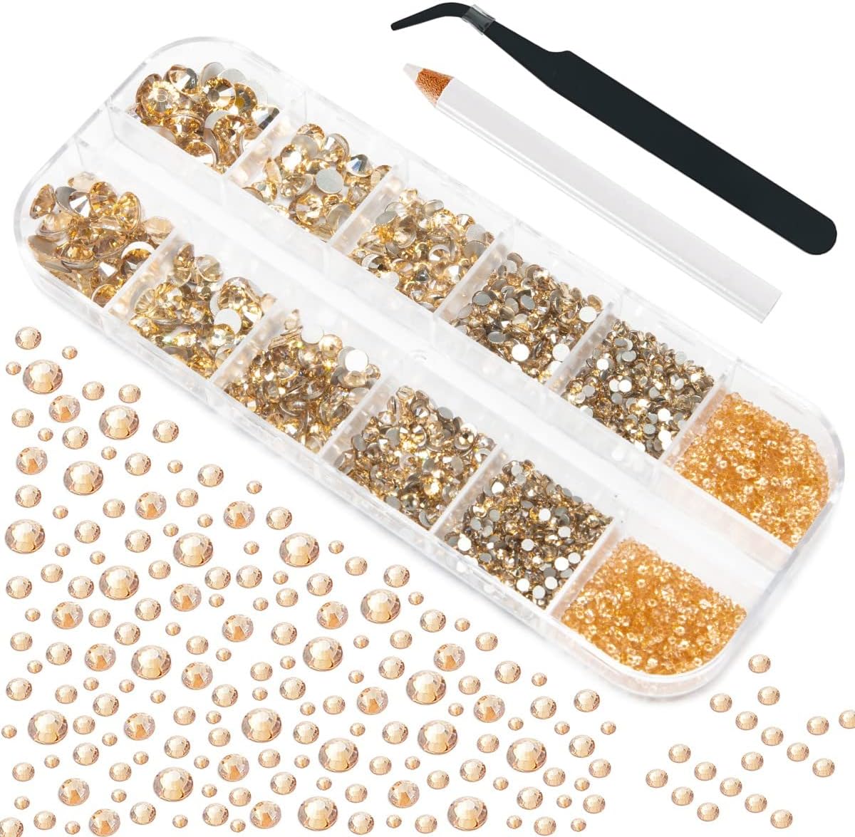 4010pcs Champagne Gold Nail Art Rhinestones Kit Makeup Flatback Rhinestones Golden Nail Charms 6 Sizes (1.6-6.1mm) Up to SS30 Round Crystal Nail Gems Stones w Picking Pen for Nail DIY Eyes Face Makeup