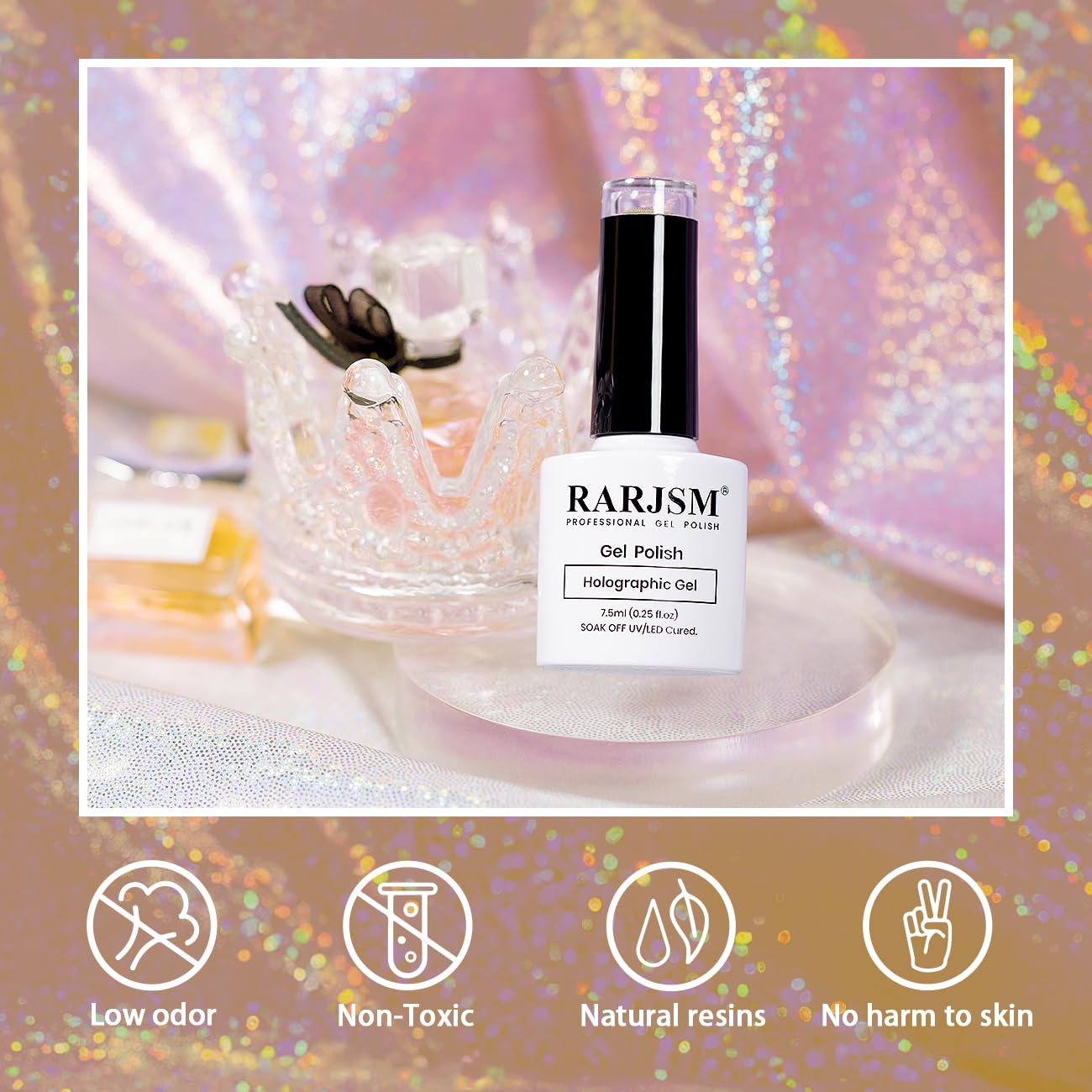 RARJSM Holographic Gel Nail Polish Champagne Gold Reflective Iridescent Rainbow Glitter Gel Polish Curing Required Unicorn Mirror Chrome Laser Effect Soak off for DIY Salon Home Manicure 7.5ML