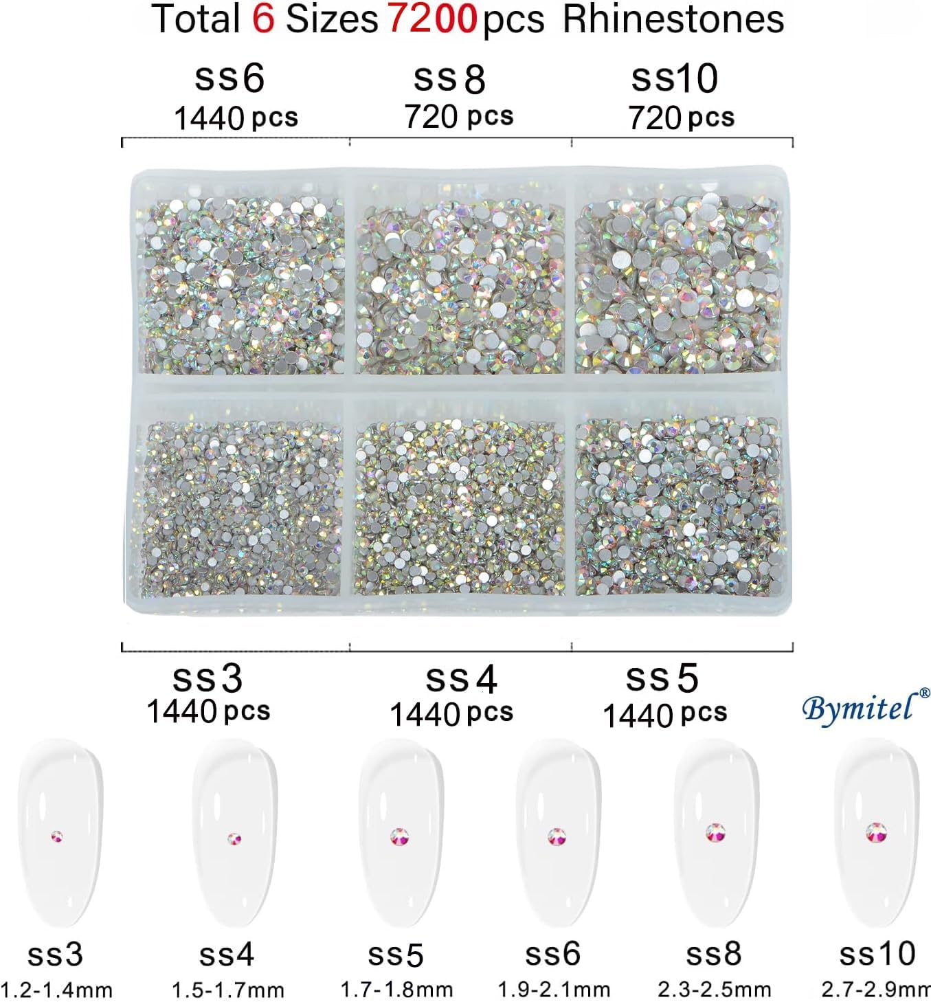 Bymitel 7200 Pieces 6 Mixed Sizes Glue Fix on Glass Rhinestones Round Crystal Gems Flatback for DIY Jewelry Making with one Picking Pen (6-Sizes 7200PCS, Crystal AB)