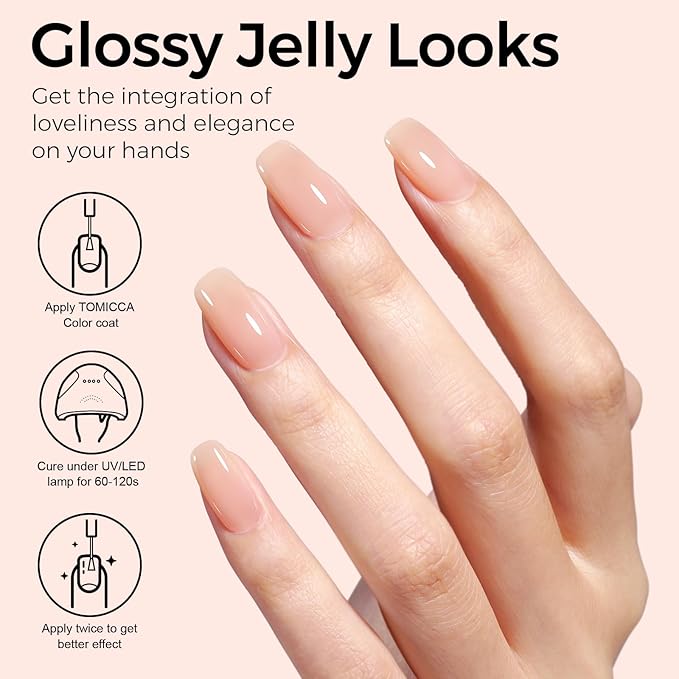 TOMICCA Nude Gel Nail Polish, 15ml Jelly Gel Polish, Translucent Quick Dry, Soak Off UV Neutral Light Gel Polish Colors Long Lasting Nail Art Manicure