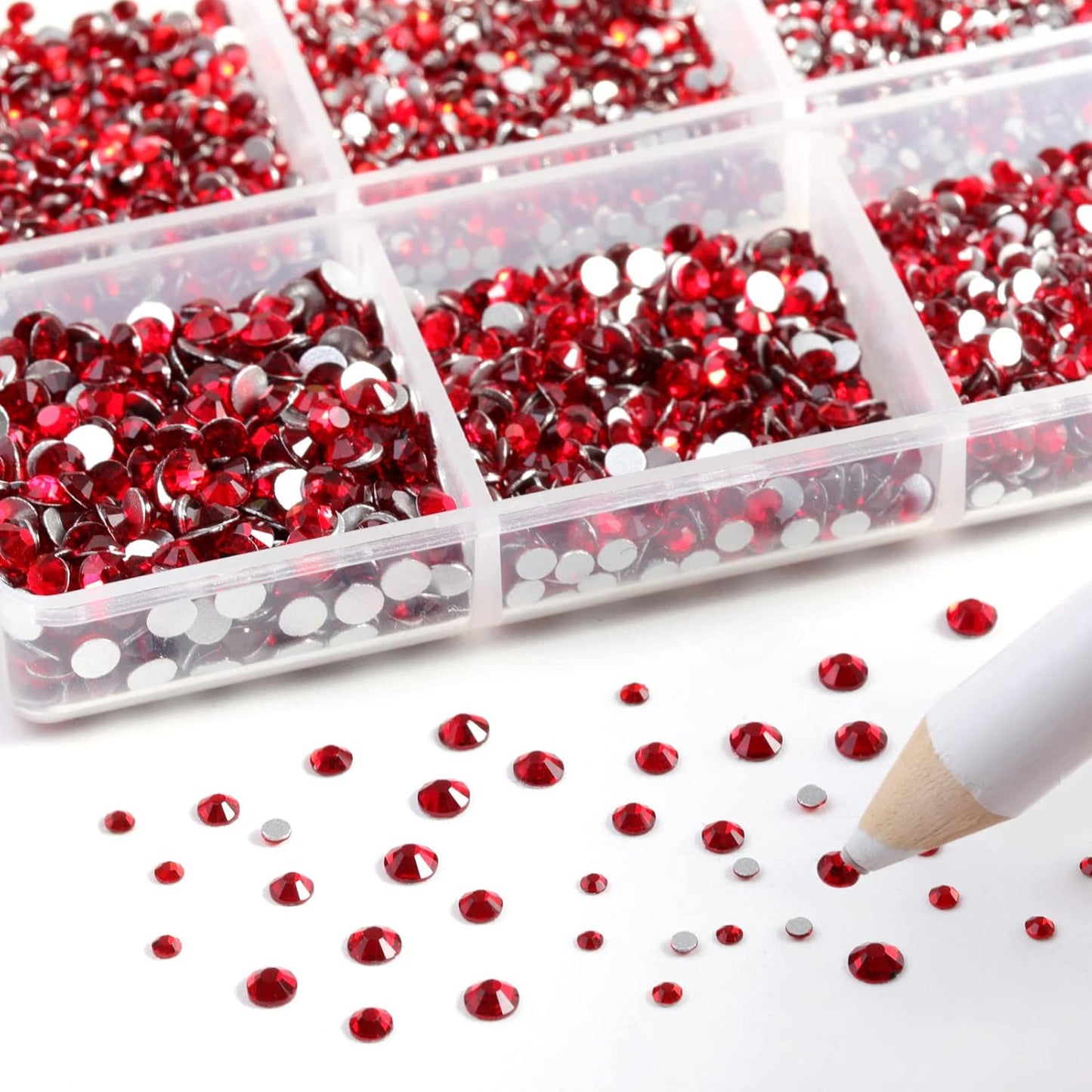 Beadsland 7200pcs Flatback Rhinestones,Red Rhinestone Nail Gems Round Crystal Rhinestones for Crafts,Mixed 6 Sizes with Wax Pencil Kit, SS3-SS10,Siam