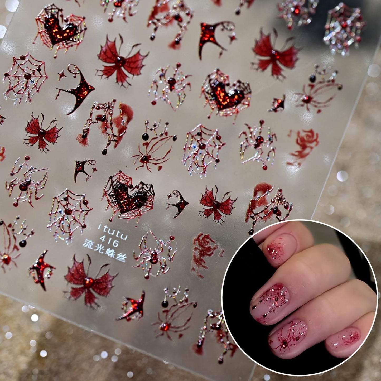 1 Sheets Halloween Nail Stickers for Nail Art 5D Self-Adhesive Embossed Spider Web Nail Art Stickers with Glitter Red Spider Butterfly Heart Bat Nail Decals Halloween Nail Design Sticker for Women