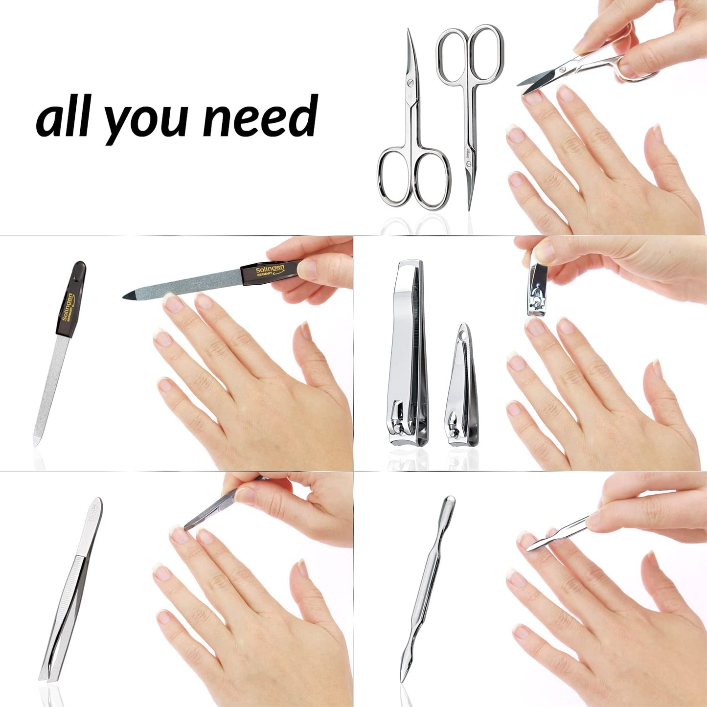 Manicure Set Solingen Made in Germany - 7 Piece Exclusive Finger & Toe Nail Clippers Kit for Women and Men in Real Leather Case, Color Brown