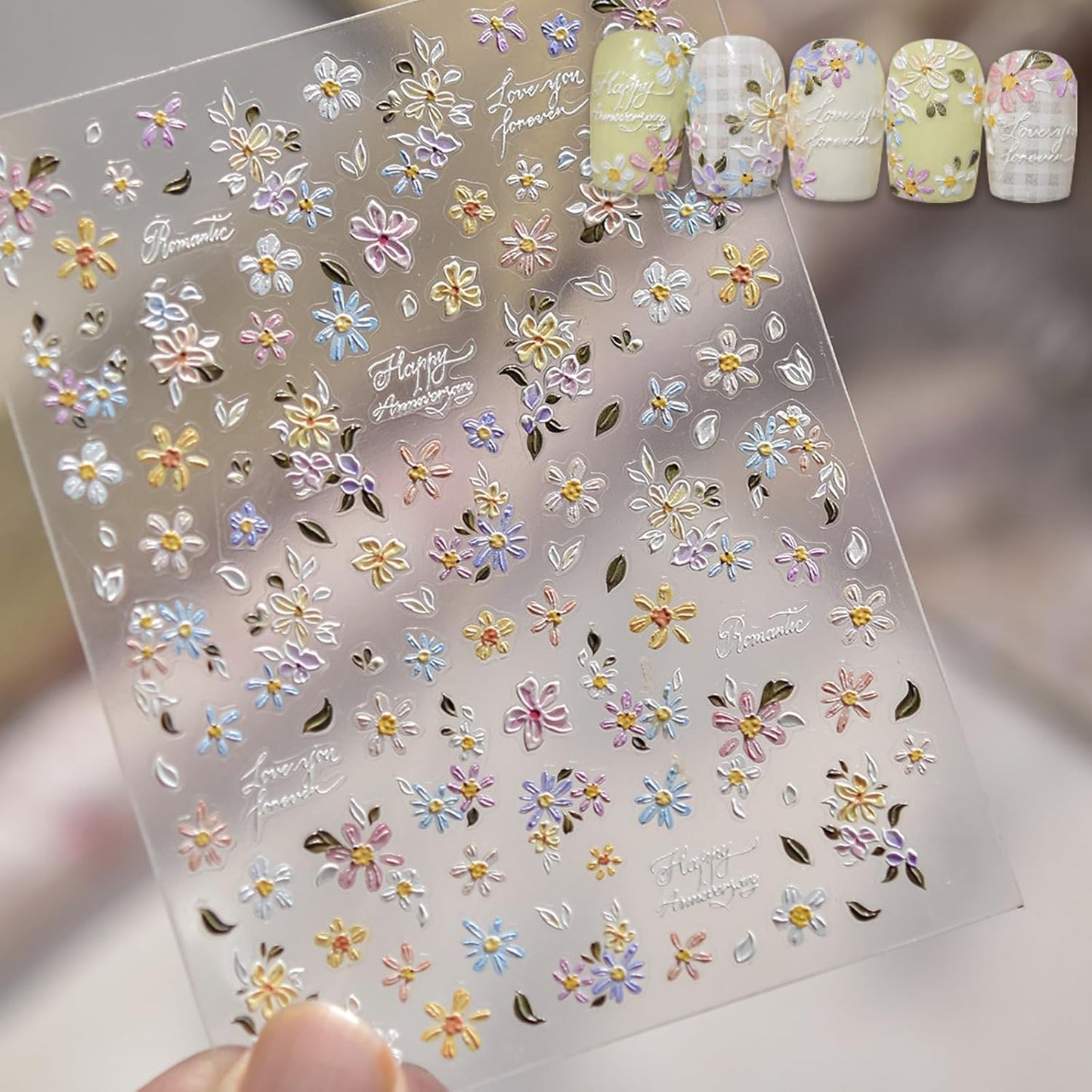 Flower Nail Stickers Decals Embossed Colorful Flowers Nail Decals 5D Relief Floral Self-Adhesive Nail Design Stickers for Women DIY Manicure Decoration Supplies