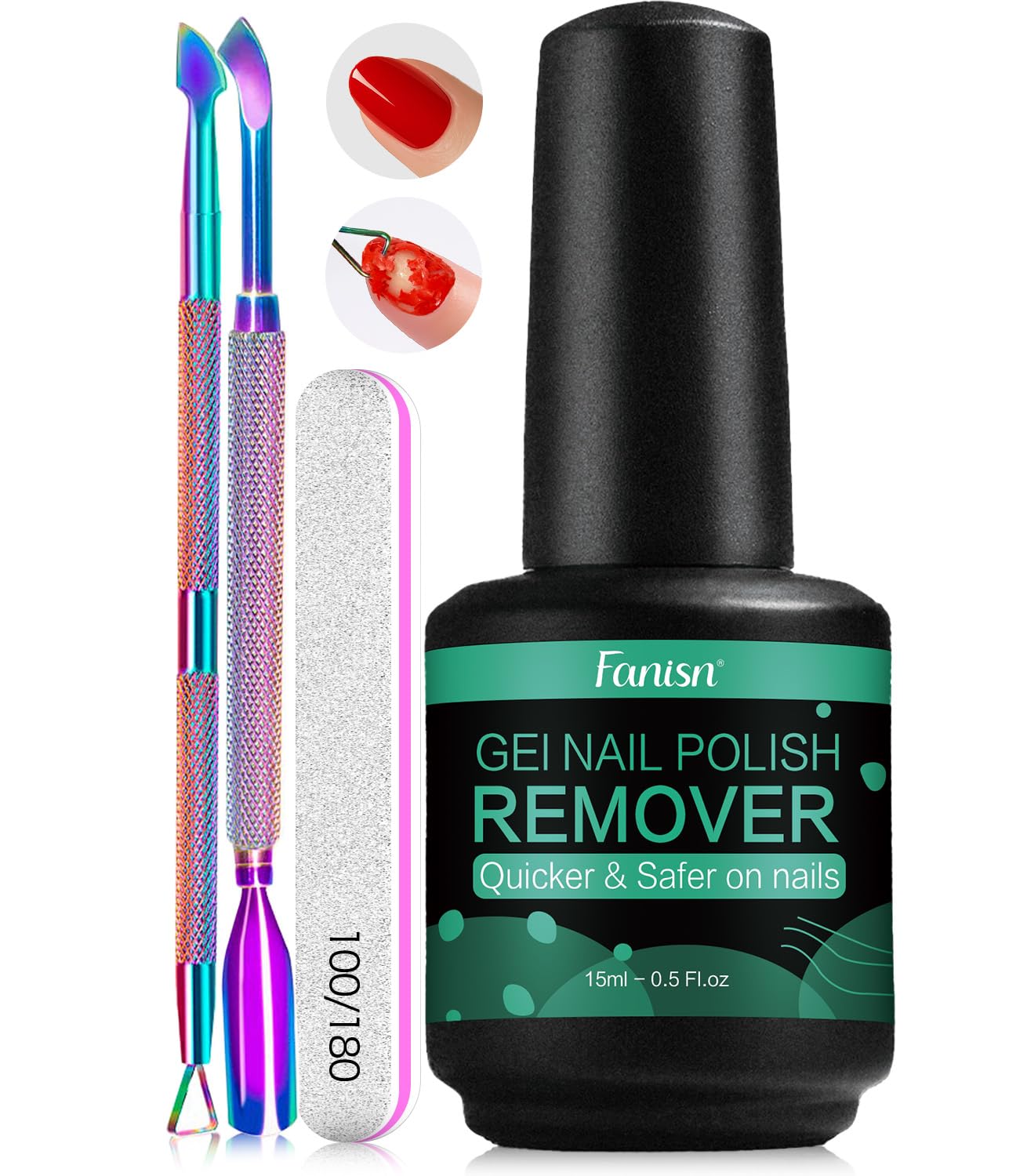Gel Nail Polish Remover with Tools, 15ml (0.5 fl oz) - Acetone-Free, Quick Removal in 2-5 min, No Foil Soaking Needed, Safe for Natural Nails，Home DIY Use