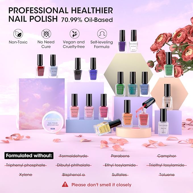 Nail Polish 16 Colors Rainbow Air Dry Regular Nail Polish Set with Base Top Coat & Remover Pads| White Red Classic French Fingernail Polishes Non-gel Bulk Gift for Nail Art Lovers