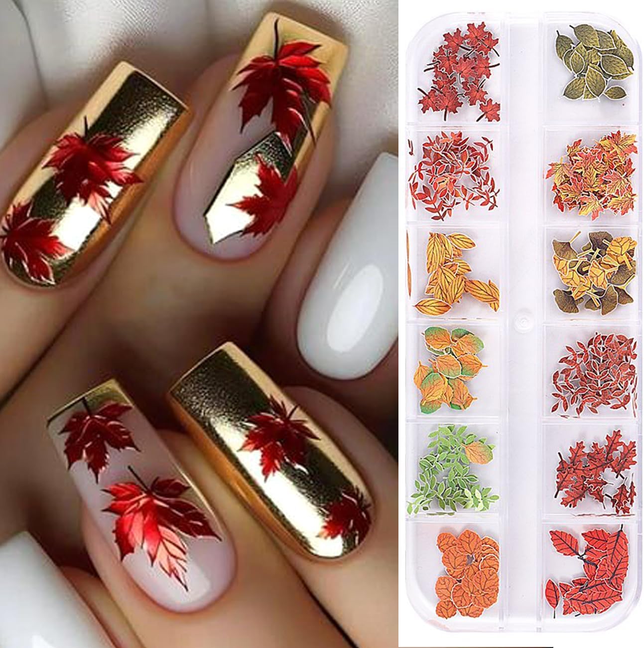 Fall Maple Leaves Nail Sequins 3D Autumn Fallen Leaf Flower Nail Art Flakes for Acrylic Nails Mixed Maple Leaf Wood Pulp Slice Glitter Nail Flake Design for Women DIY Thanksgiving Manicure Decor