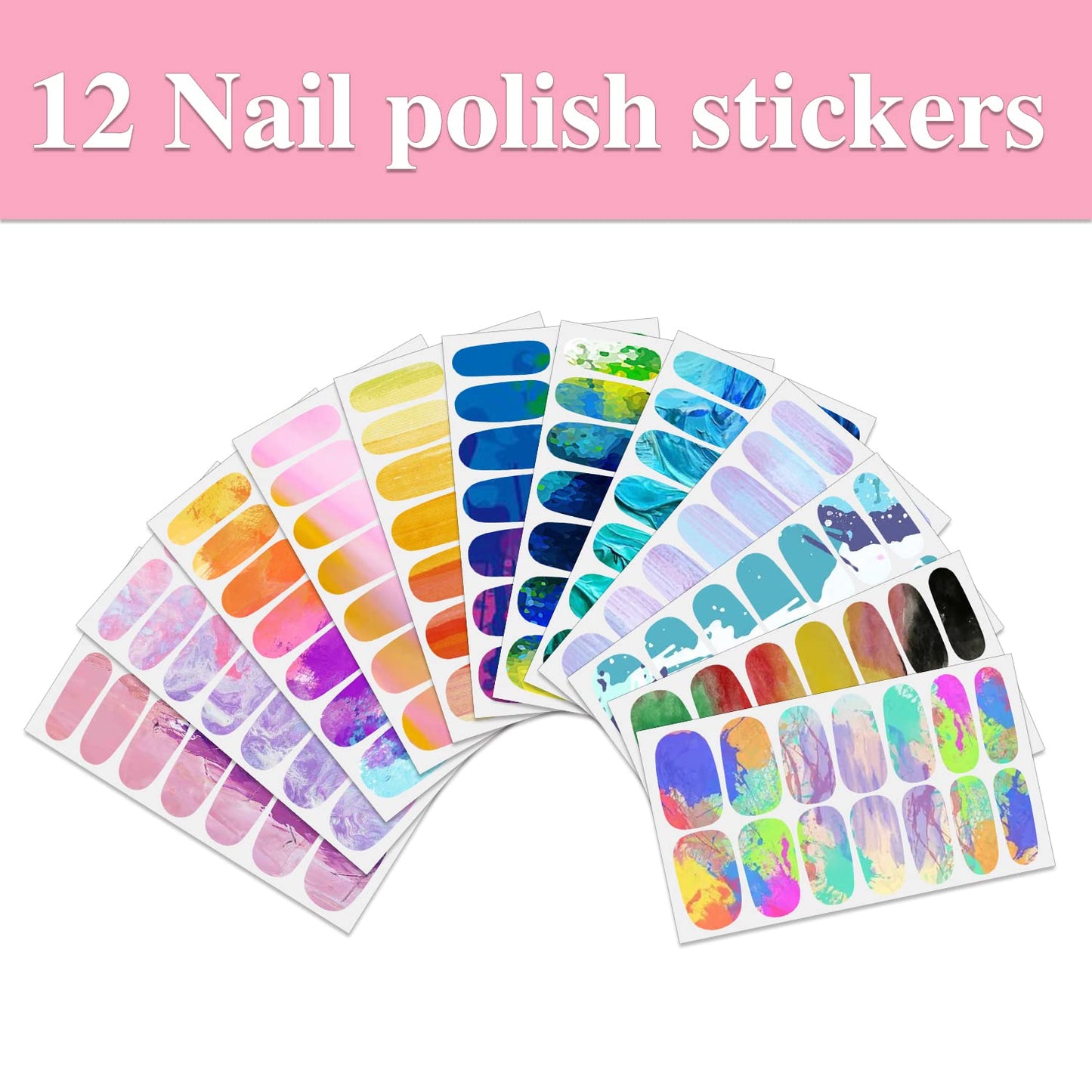 WOKOTO 12 Sheets Aurora Nail Polish Stickers Full Wraps for Women - Graffiti Gradient Gel Nail Strips Nail Polish Strips for Women Girls Nail Art Peel and Stick On Nail Gel Stickers