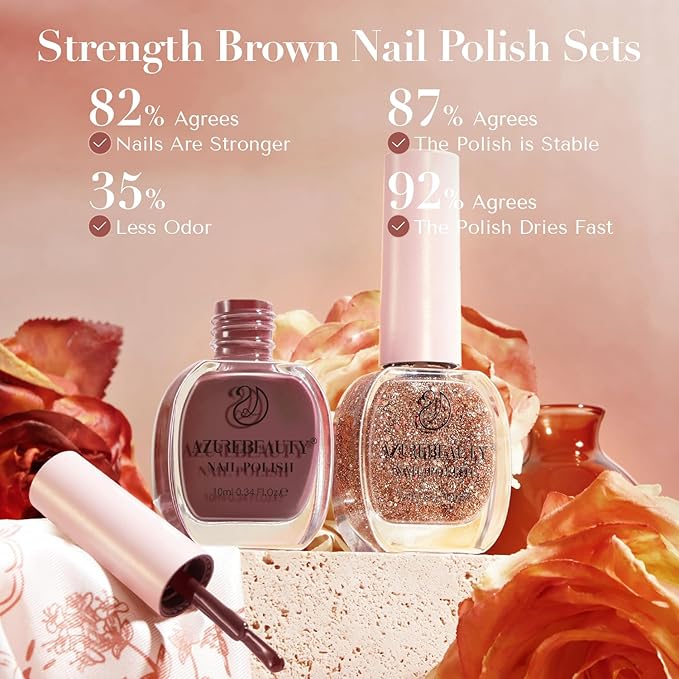 AZUREBEAUTY Brown Nail Polish Set 2 Colors Glitter Quick Dry Nail Polish Kits Fall Long Lasting French Tip Nail Polish Natural Manicure Diy Home Gift for Girls