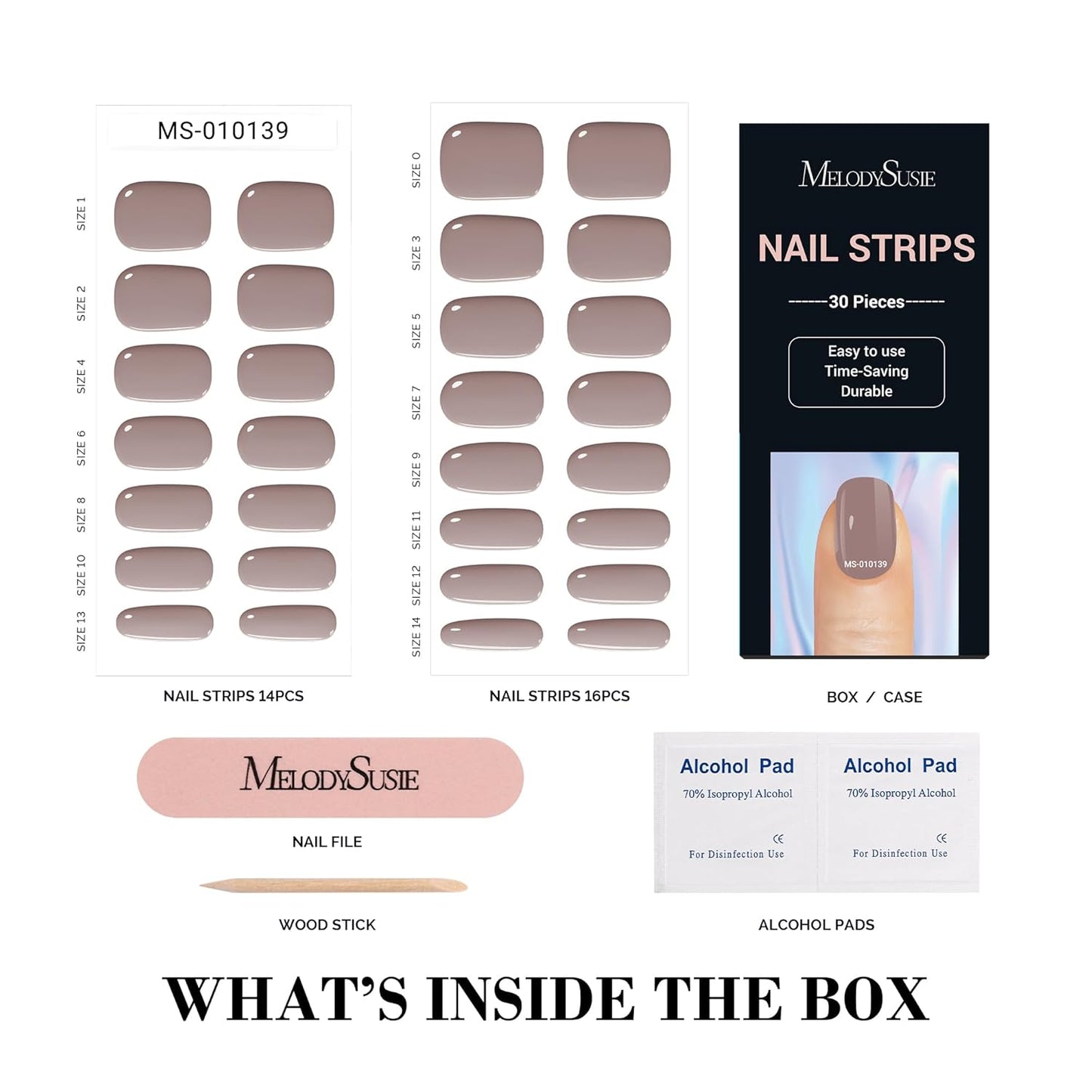 MelodySusie 30PCS Semi Cured Gel Nail Strips, Crystal Brown, Works with Any Nail Lamps, Salon Quality, Long Lasting, Easy to Apply, Includes 2 Prep Pads, Nail File and Wooden Stick