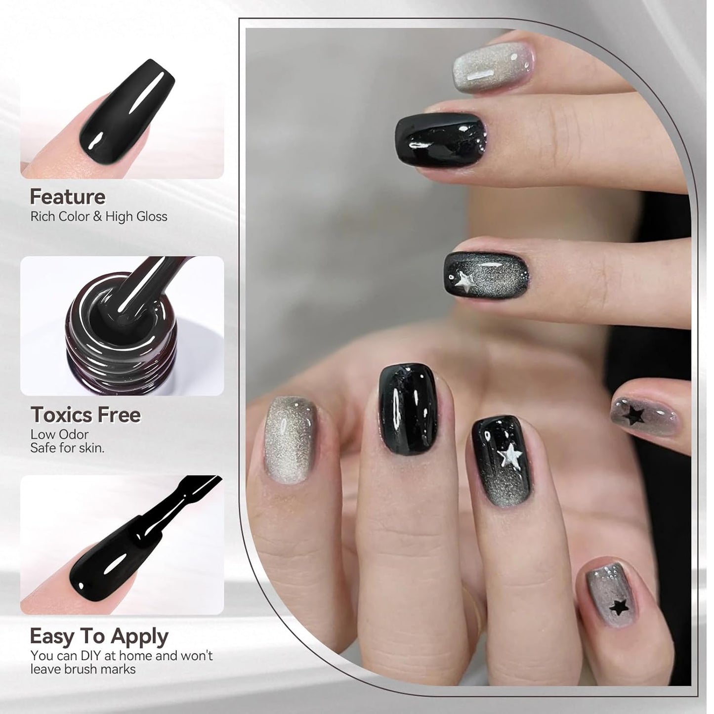 BORN PRETTY Gel Nail Polish 6 Colors - White Gray Black Colors Glitter Cat Magnetic Eye Gel Polish Kit Soak Off Nail Art Manicure DIY Design Collection for Home and Salon