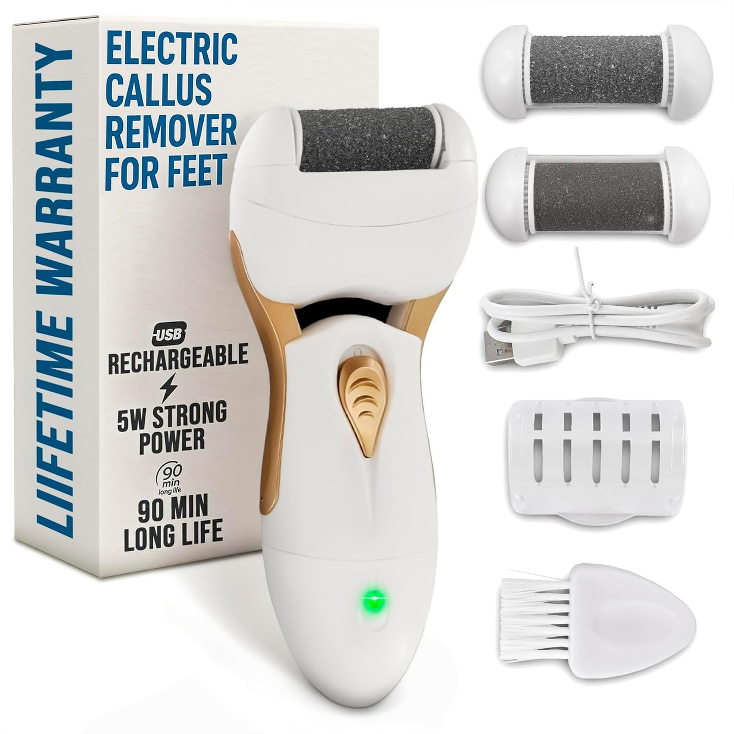 Electric Callus Remover for Feet – 5W Electric Foot Filer, 90-Min Runtime Foot Sander with Fast 2H Charge & 3 Replacement Rollers – Hard Skin Remover for Feet with Ergonomic Handle for Easy Grip