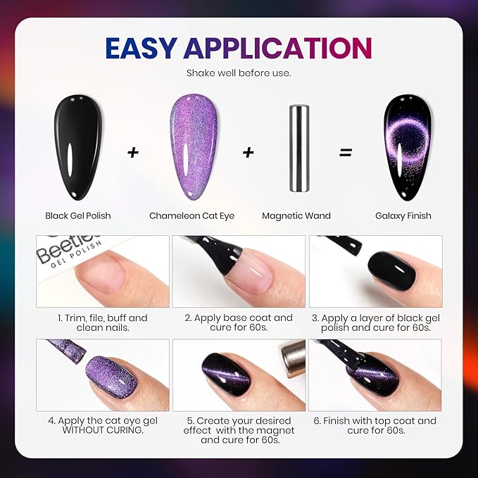 Beetles Cat Eye Gel Nail Polish Set - 6 Colors Chameleon Cat Eye Black Glitter Blue Pueple Gold Green Gel Polish with Magnet Soak Off UV Velvet Gel Enchanted Spectrum Collection Salon Gift for Women