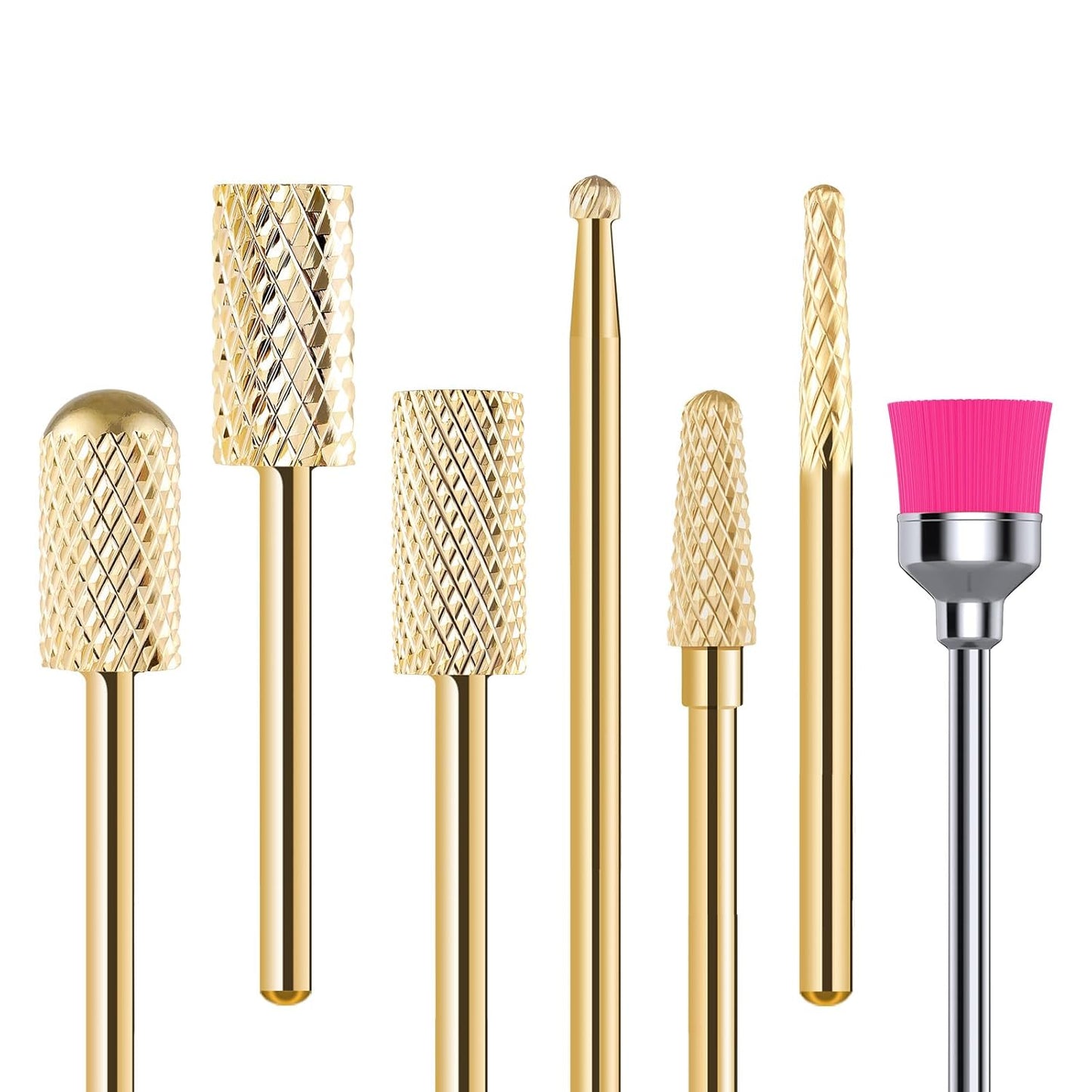 MelodySusie Nail Drill Bits Set, 7pcs Tungsten Carbide Nail Bits for Nail Drill E-file, 3/32 inch Bits Manicure Pedicure Remover Tools for Acrylic Gel Nails, Salon Home Nail Care Supplies, Gold