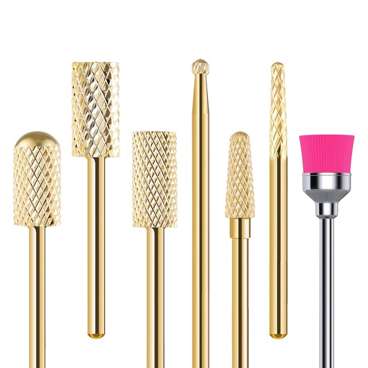 MelodySusie Nail Drill Bits Set, 7pcs Tungsten Carbide Nail Bits for Nail Drill E-file, 3/32 inch Bits Manicure Pedicure Remover Tools for Acrylic Gel Nails, Salon Home Nail Care Supplies, Gold