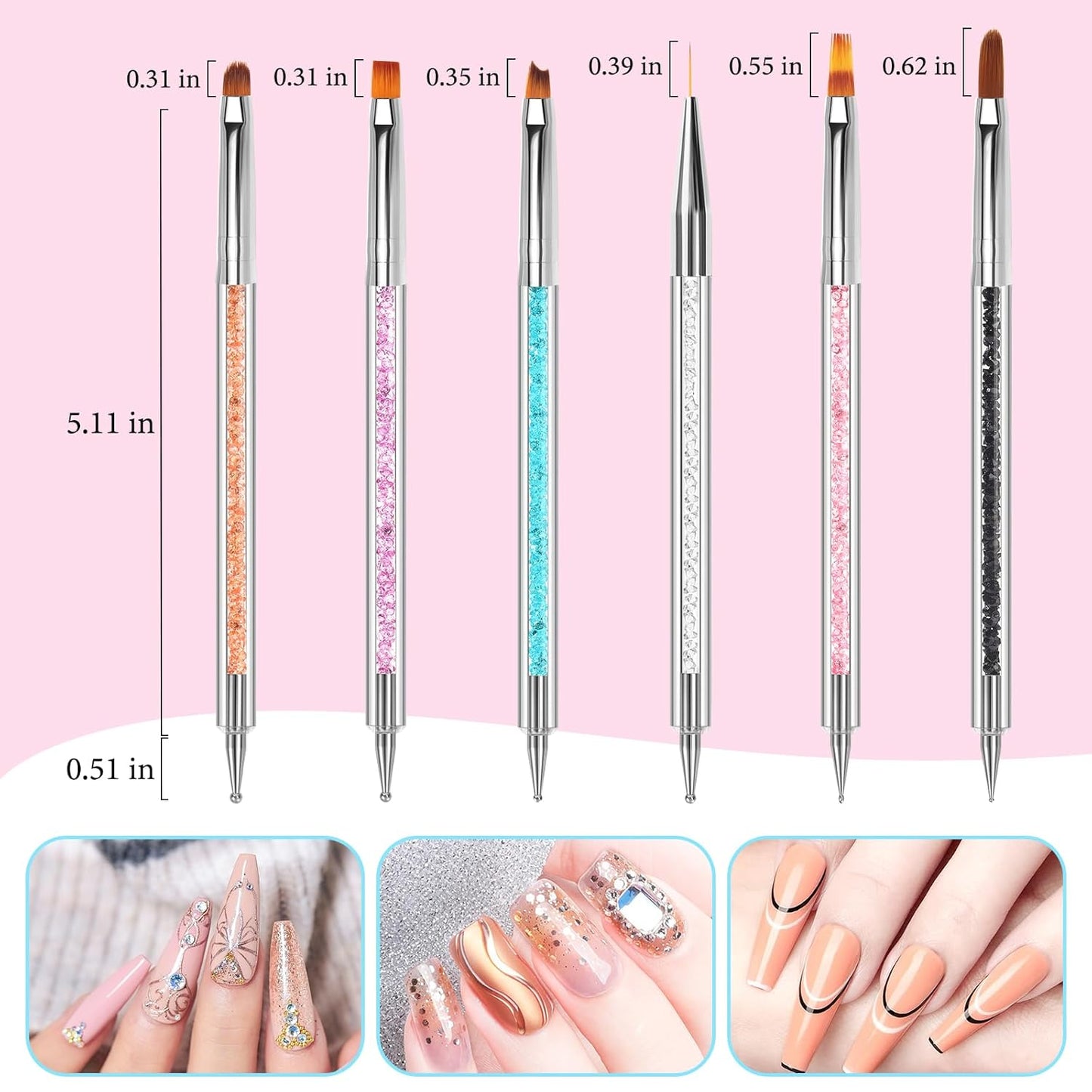 Yokilly Acrylic Nail Art Brush Set, 6 PCS Double-Sided Nail Polish Brush & 4PCS Crystal Dappen Dish for Acrylic Nails, Nail Liner Brush & Glass Container Manicure Cup Nail Art Tool