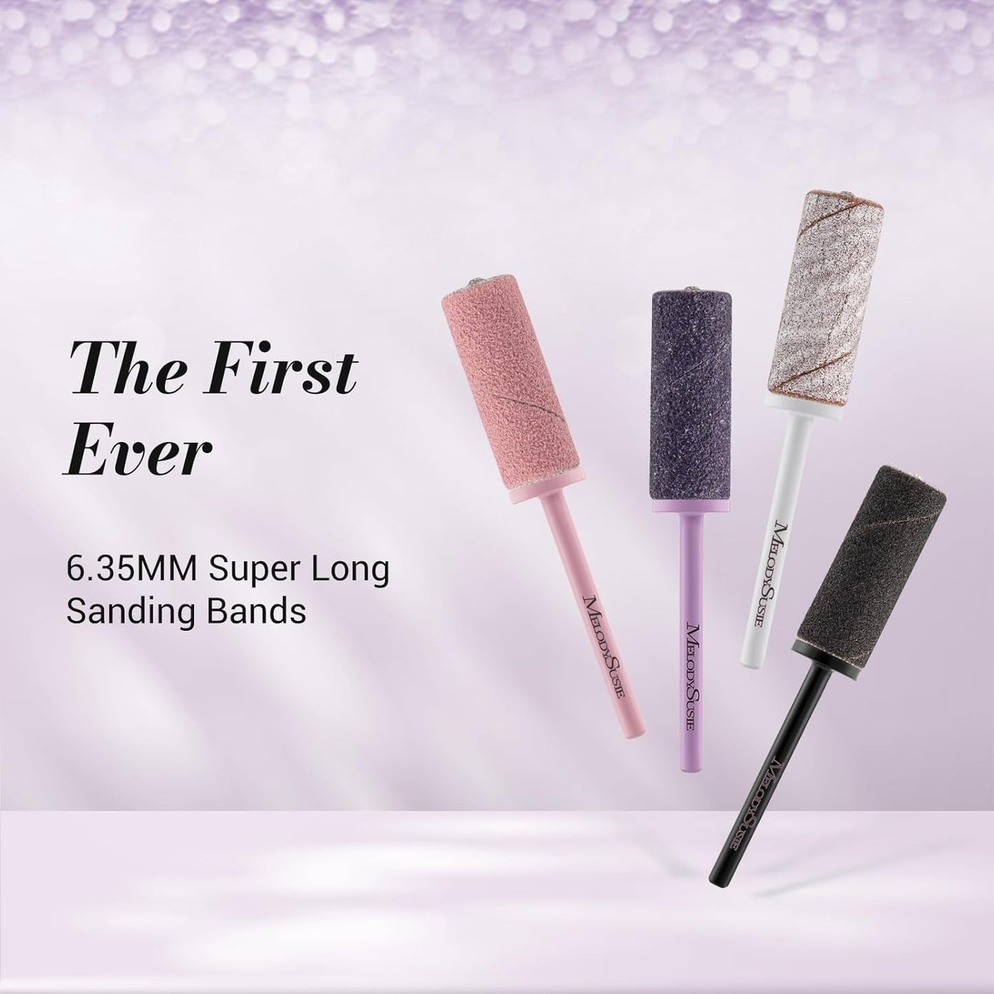 MelodySusie 50 Pcs Nail Drill Bits Super Long Sanding Bands with 6.65mm Crystal Mandrel Bit, 180 Fine Grit Nail File for Acrylic Nails Gel Manicures and Pedicure, Purple