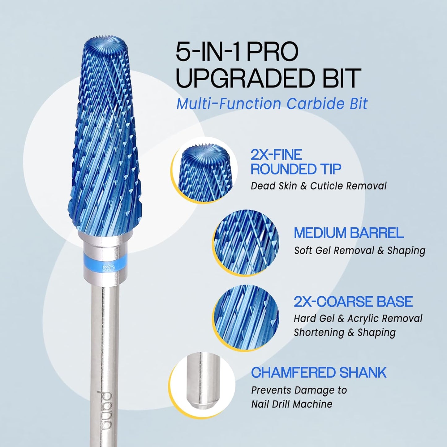 PANA 5-in-1 Pro Upgraded Multi-Function Drill Bit 3/32" Shank Size - (Blue, 2X Coarse to 2X Fine) - Mix Size Tungsten Drill Bit Fast Remove Acrylic Hard Gel Nail for Manicure Pedicure