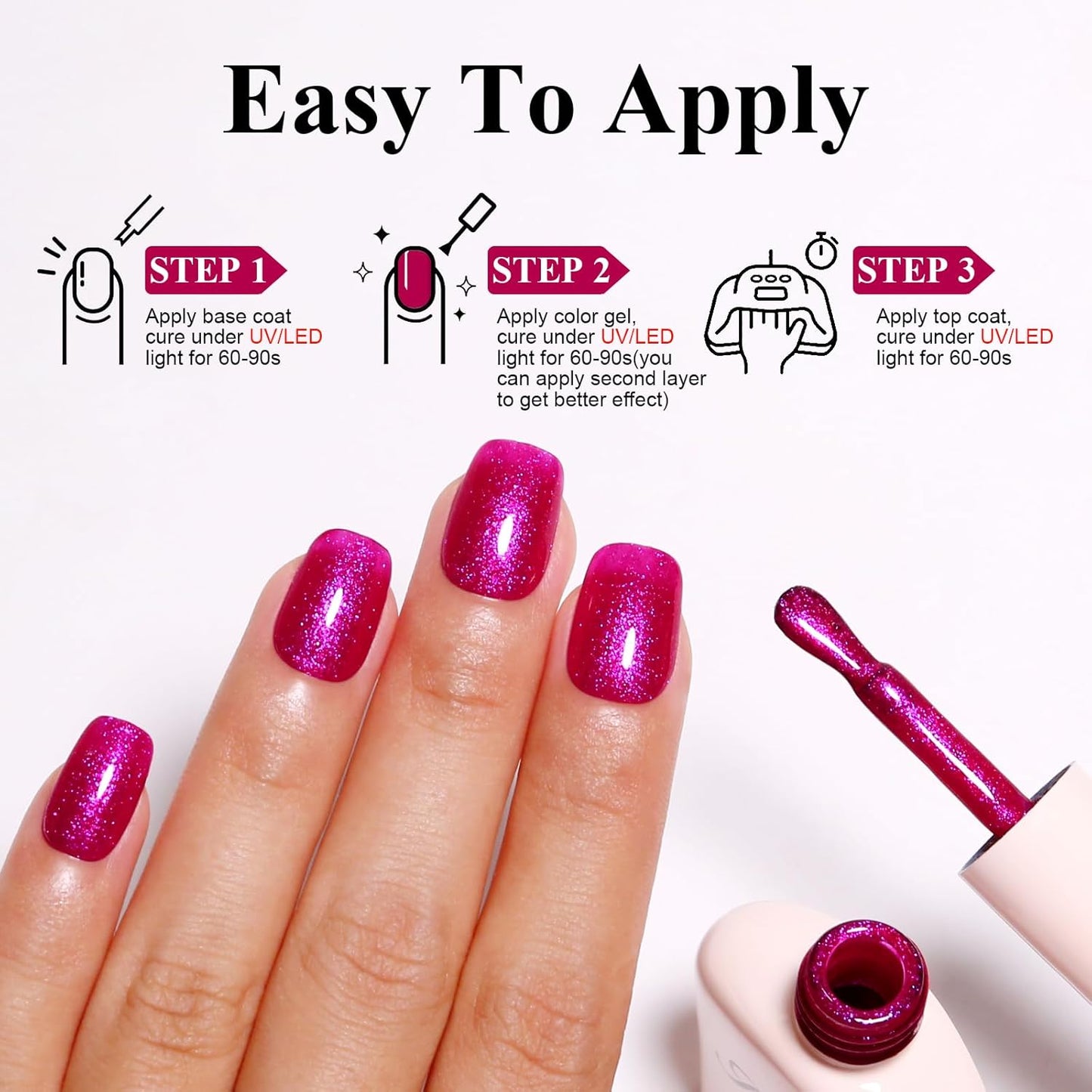 Imtiti Hot Pink Iridescent Glitter Gel Nail Polish, Soak Off LED U V Shimmer Sparkle Nail Gel Polish DIY Nail Art Starter Manicure Salon Kit for Women Girls 10ML