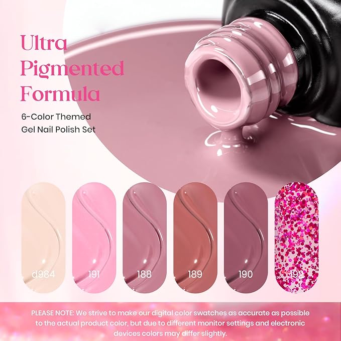 Beetles Purple Gel Nail Polish Set, 6 Colors Nude Deep Purple Pink Glitter Gel Polish Confetti Collection Soak Off Uv Led Nail Art Manicure Kit Gifts for Women