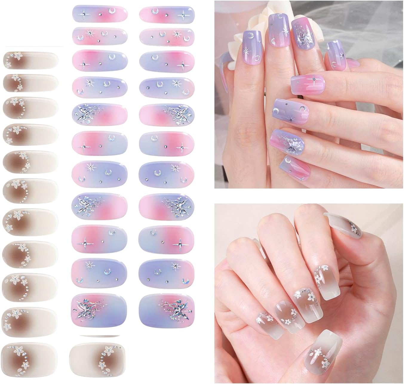 No Lamp Gel Nail Strips 44 Pcs Wraps - Gradient Brown + Pink Purple, Easy Apply Gel Nail Stickers Long Lasting, Salon-Quality, 4 Prep Pads, 2 File, 2 Wooden Stick