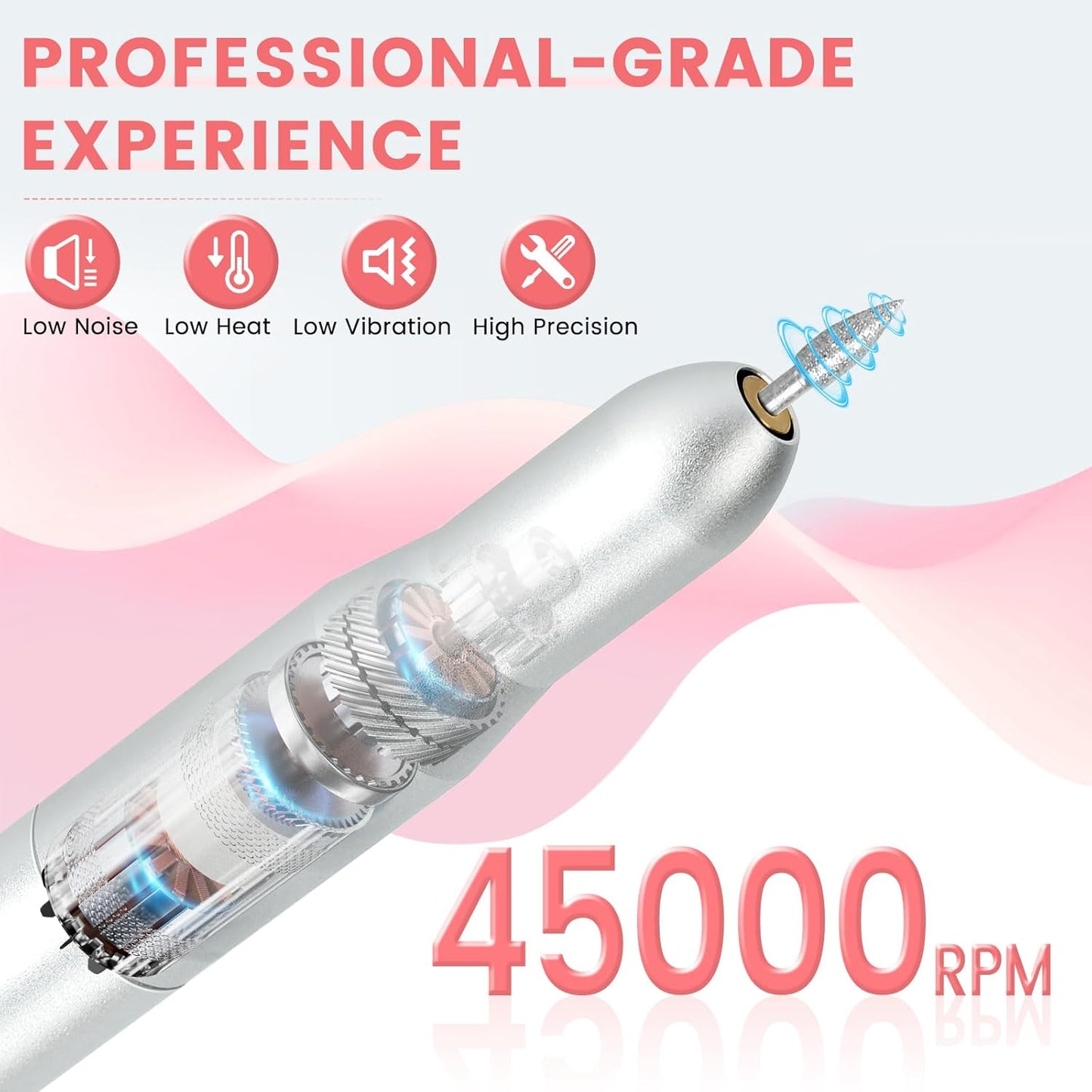 Electric Nail Drill Professional, 45,000RPM Electric Nail File with 12 Drill Bits & 50 Sanding Bands,Rechargeable Long Battery Life, Low Noise Cordless Nail Drills Machine,Efile Nail Drill Kit