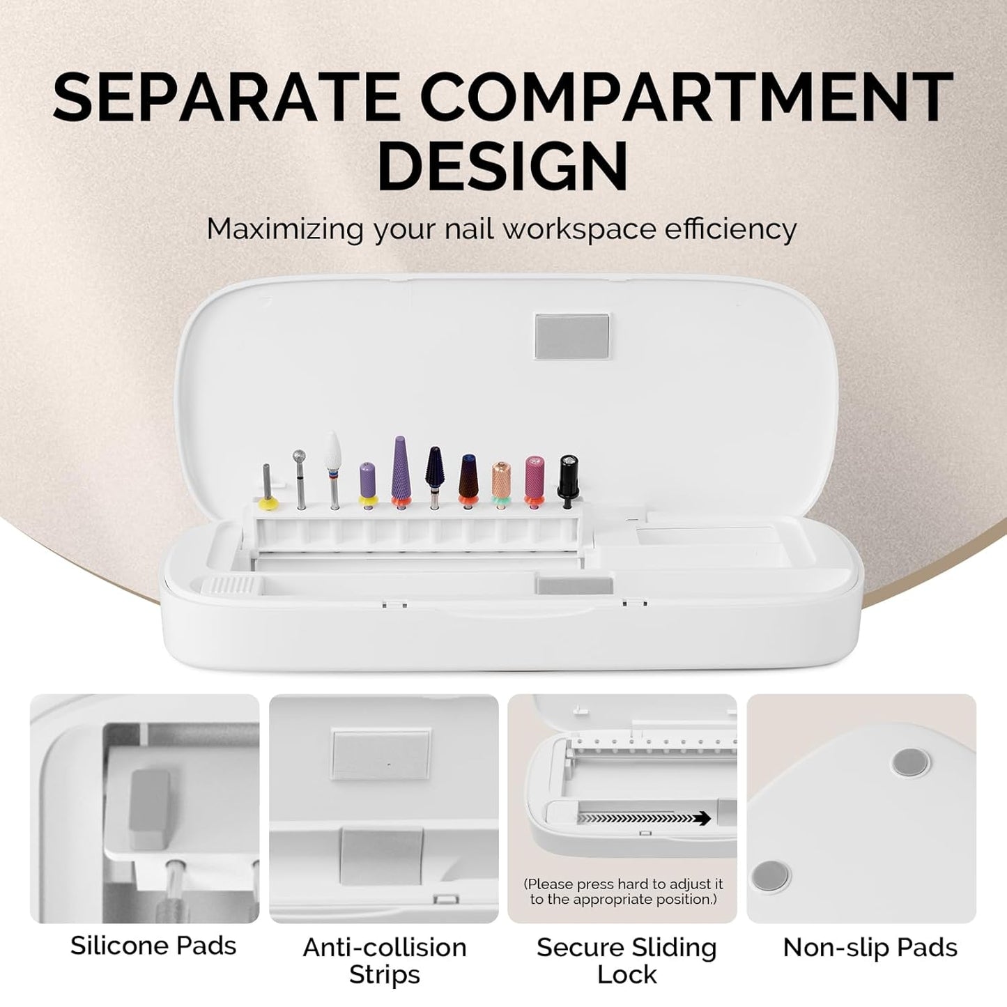[2025 Upgraded]MelodySusie Acrylic Nail Tool Storage Box,Portable Dustproof Stand Displayer Holder Organizer Container Manicure Efile Accessories Nail Drill Kit Case,Travel Salon Home,White(Only Box)