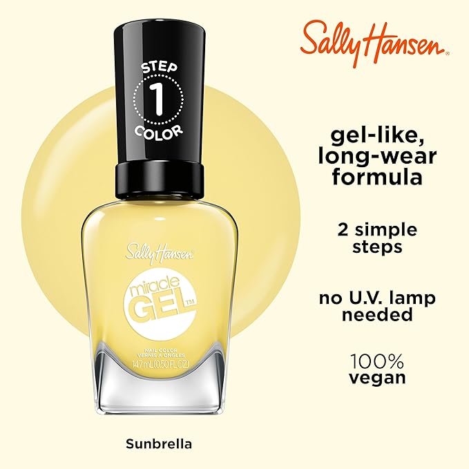 Sally Hansen Miracle Gel Salon Quality Nail Polish | Gel-Like Formula, Two-Step System, No UV Light Needed, Long Lasting | Opaque | 768 Sunbrella | Bright Yellow Nail Color