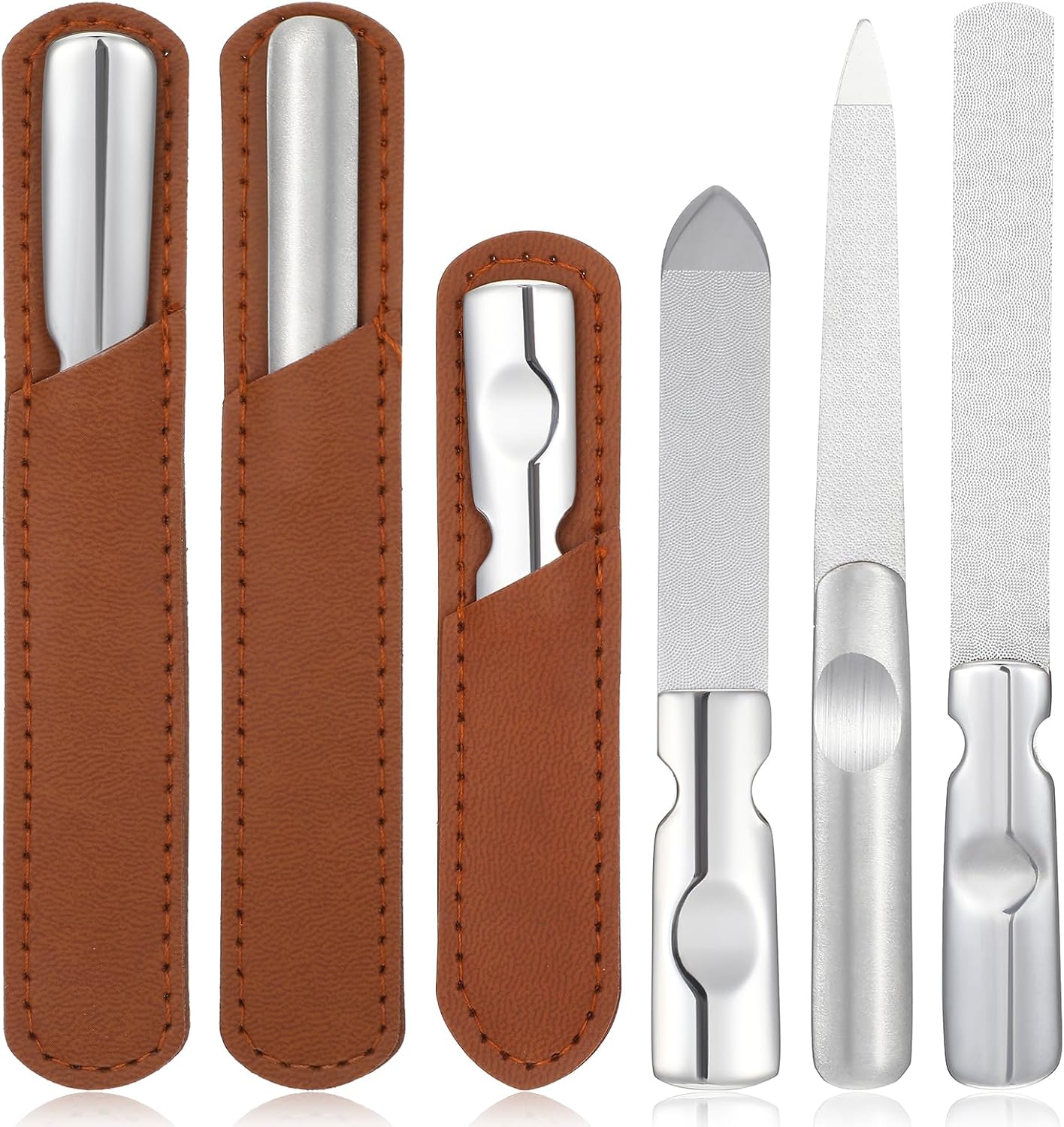 Stainless Steel Nail Files with Leather Case, 3 Sizes Files Set Double Sided Anti-Slip Handle Metal Nail Buffer Pointed Tip Manicure Tool Professional Curved Rasp Natural Fingernail Home Salon