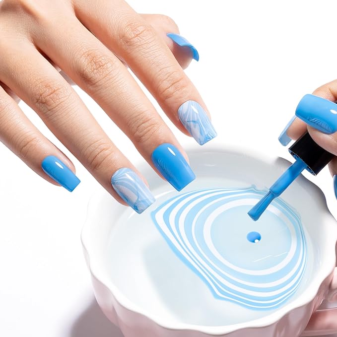 Gellen Blue Nail Polish & Clear Base Top Coat Nail Polish, Quick Air Dry Natural Regular Nails Polish Bright Baby Cobalt Ocean Blue 6pcs Set for Acrylic Natural Nails Home Salon, Non UV Gel, Hema Free